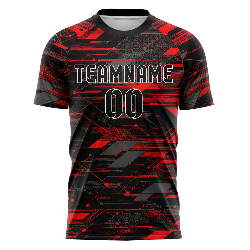Rot lebendiges abstrakte Linien Network Web Design 12-0303 individuelles Fußballtrikot front