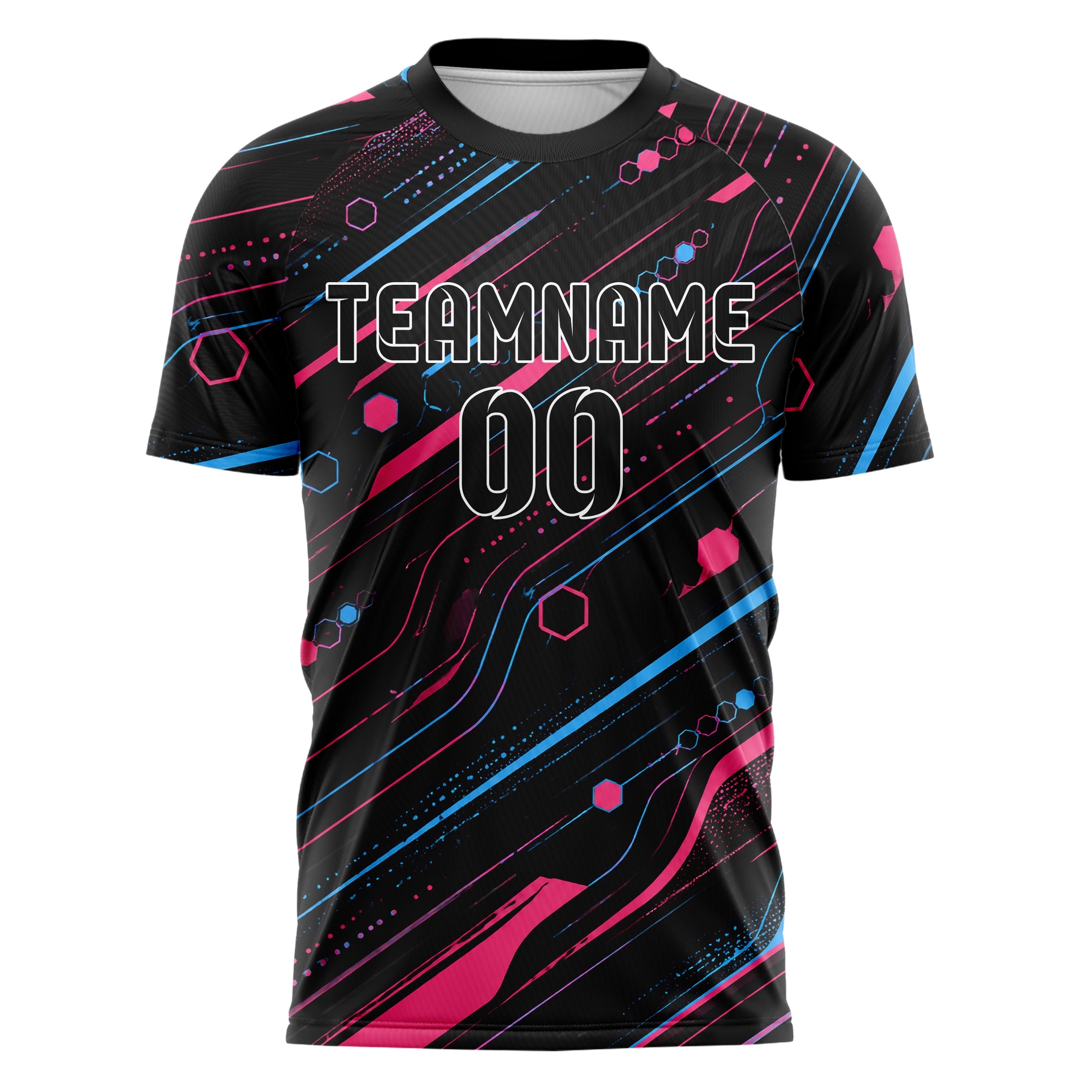 Schwarz lebendiges abstrakte Linien Hexagons Curve Lines Design 12-0221 individuelles Fußballtrikot front