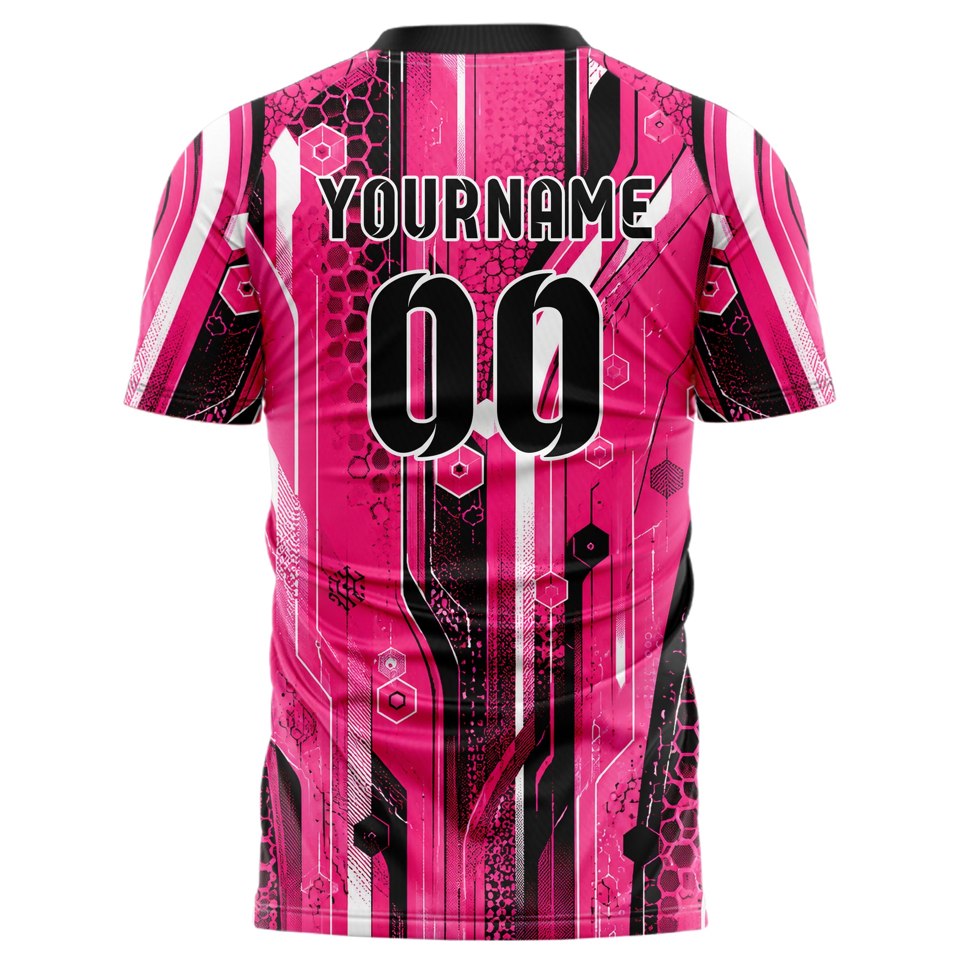 Hot Pink lebendiges abstrakte Linien Hexagons Curve Lines Design 12-0229 individuelles Fußballtrikot back