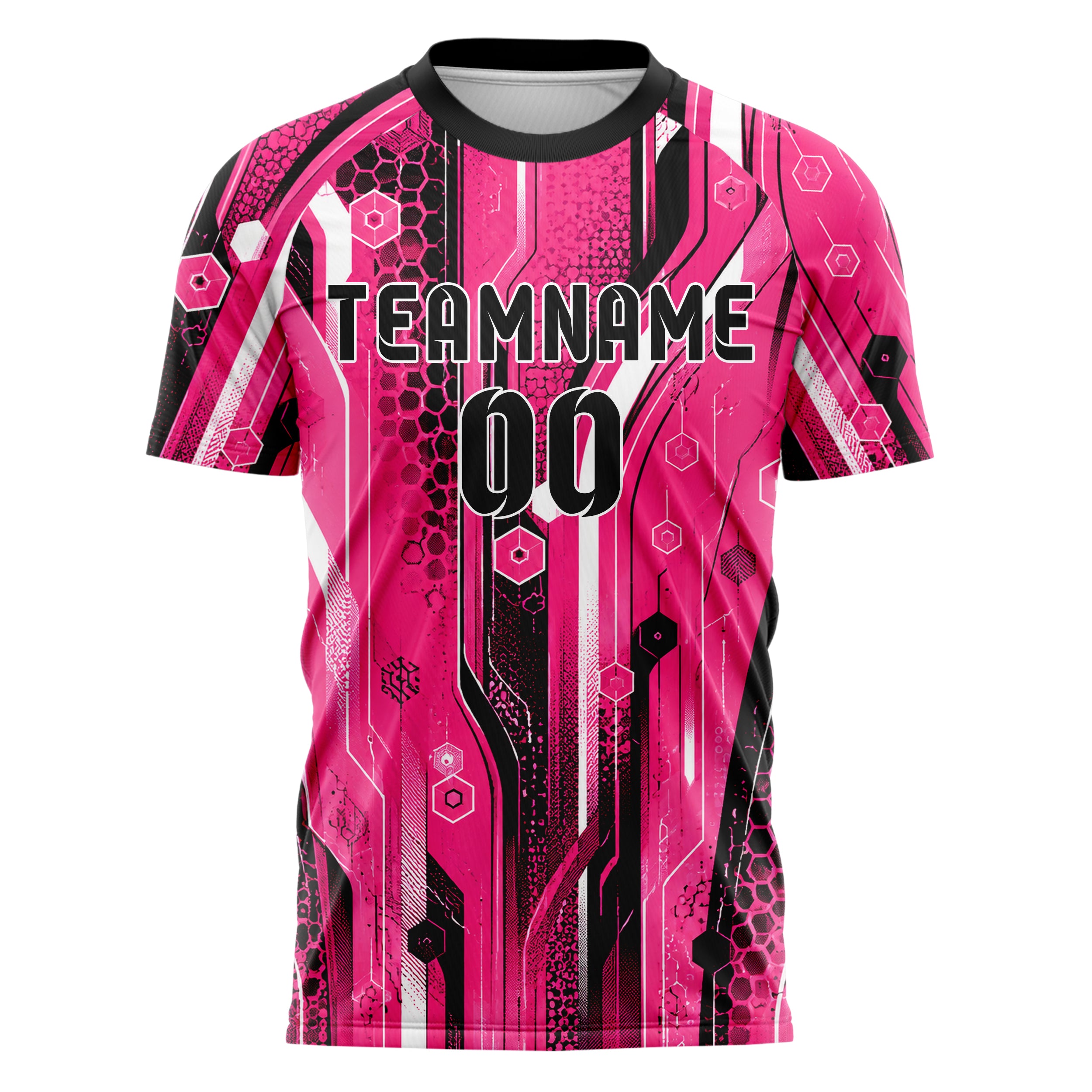 Hot Pink lebendiges abstrakte Linien Hexagons Curve Lines Design 12-0229 individuelles Fußballtrikot front