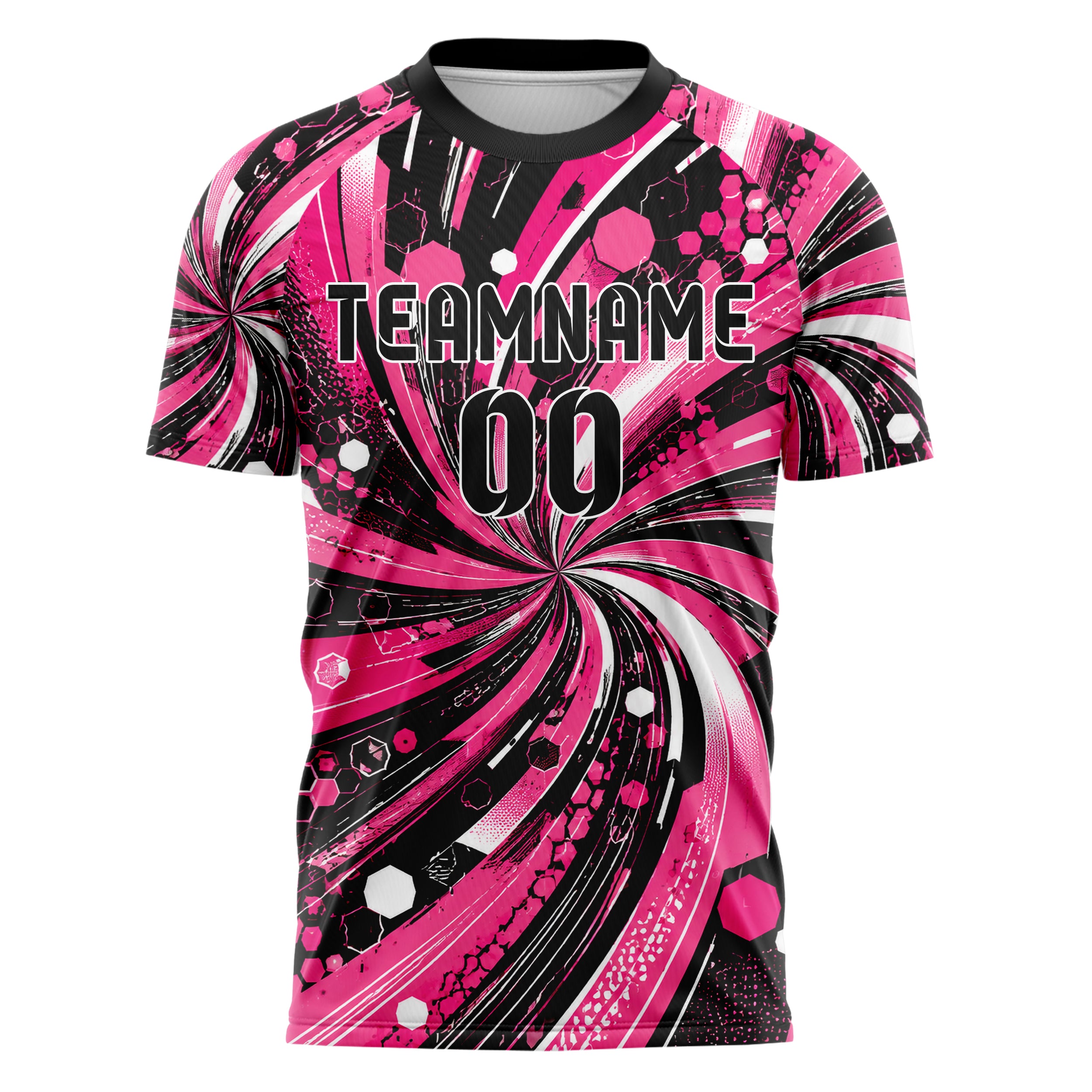 Hot Pink lebendiges abstrakte Linien Hexagons Curve Lines Design 12-0301 individuelles Fußballtrikot front