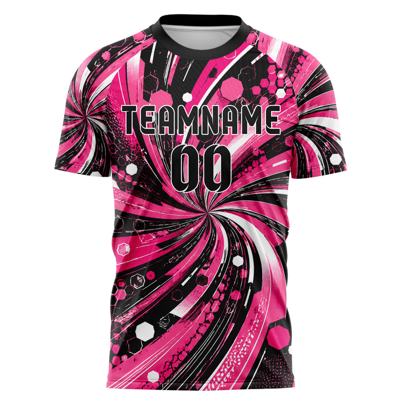 Hot Pink lebendiges abstrakte Linien Hexagons Curve Lines Design 12-0301 individuelles Fußballtrikot front