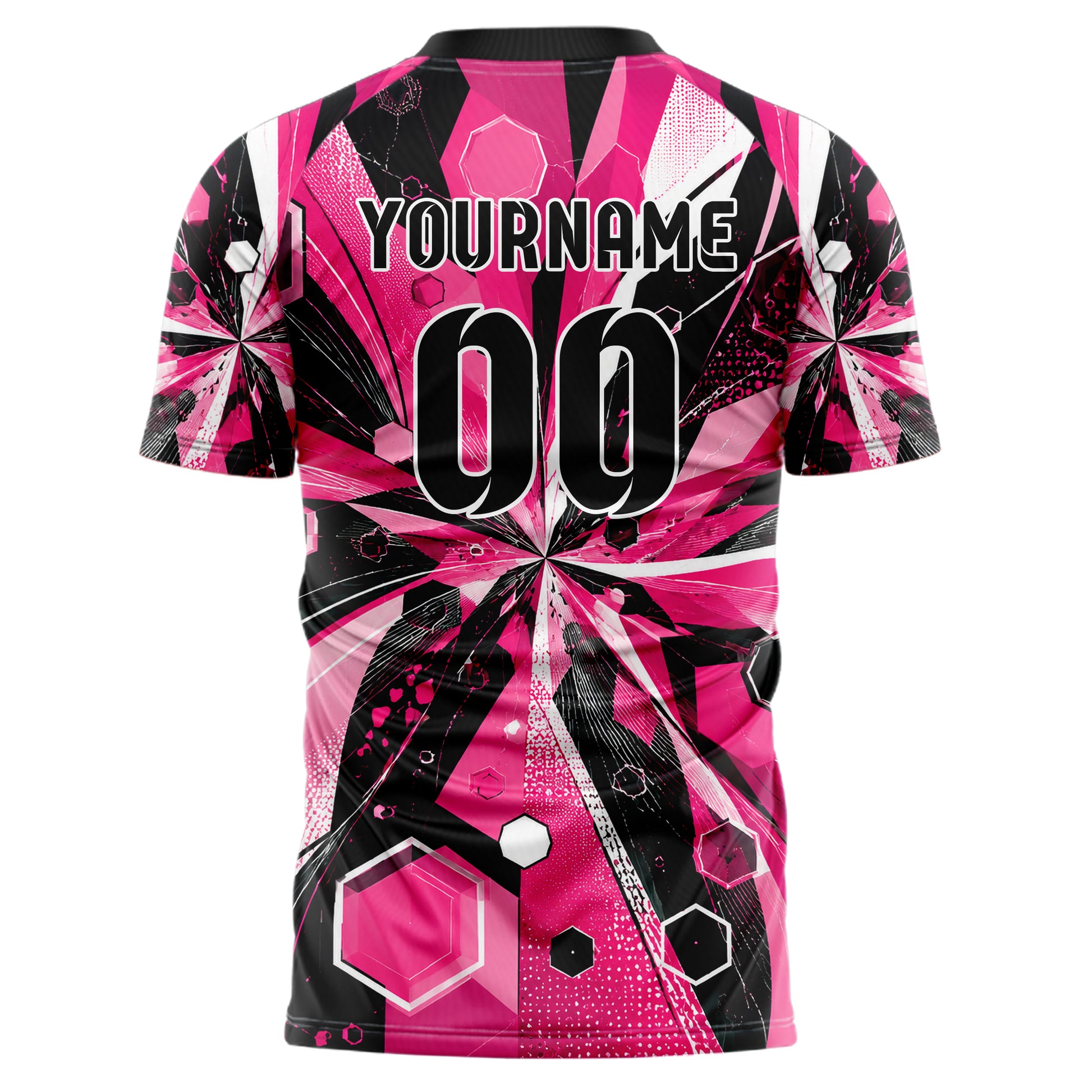 Hot Pink lebendiges abstrakte Linien Hexagons Curve Lines Design 12-0325 individuelles Fußballtrikot back
