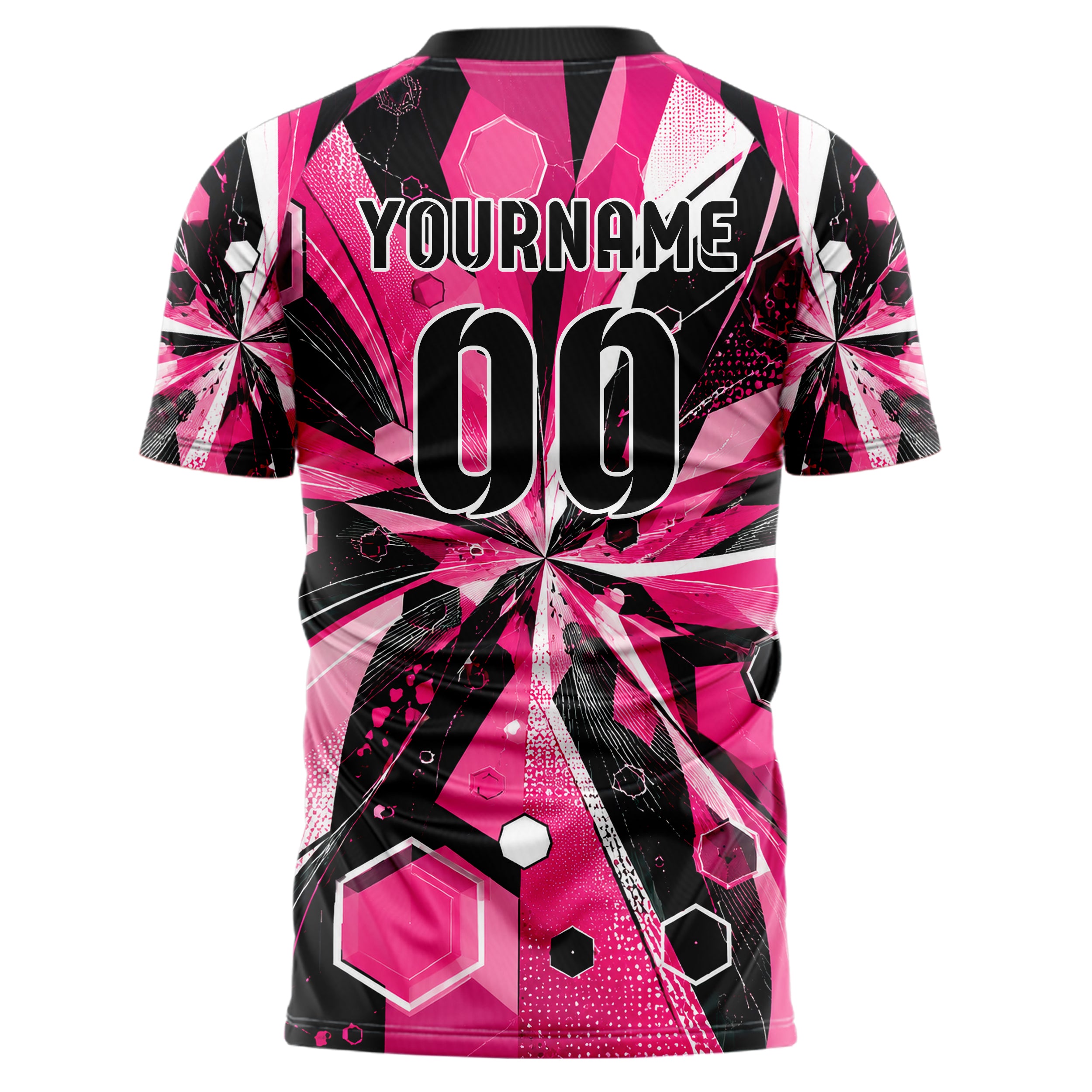 Hot Pink lebendiges abstrakte Linien Hexagons Curve Lines Design 12-0325 individuelles Fußballtrikot back