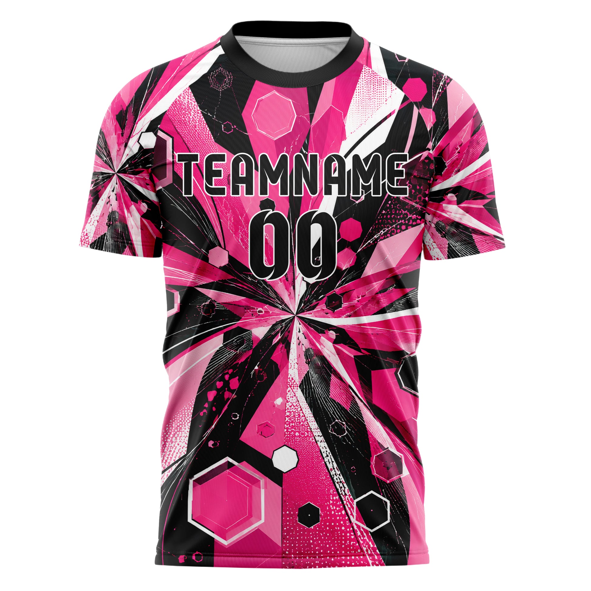 Hot Pink lebendiges abstrakte Linien Hexagons Curve Lines Design 12-0325 individuelles Fußballtrikot front