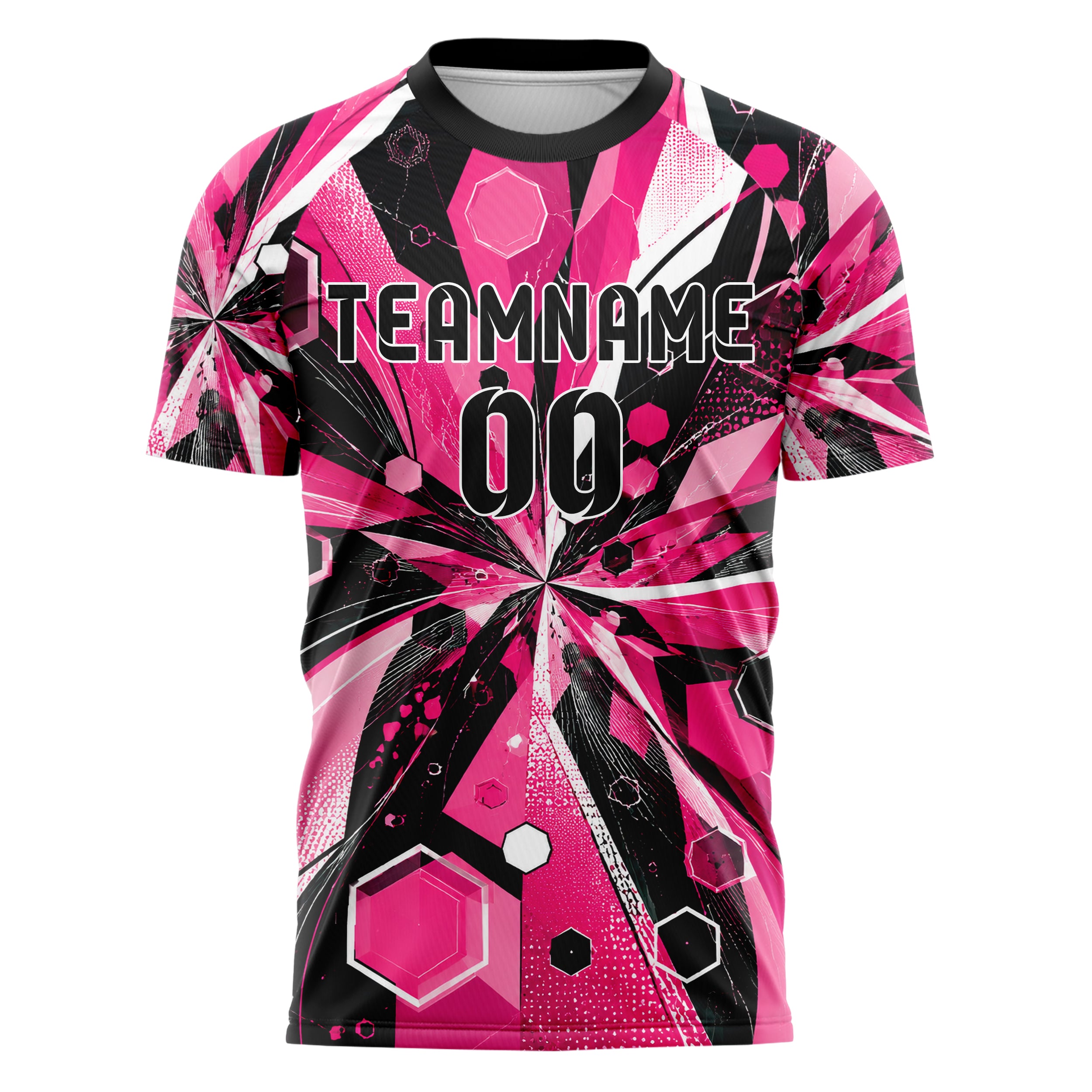 Hot Pink lebendiges abstrakte Linien Hexagons Curve Lines Design 12-0325 individuelles Fußballtrikot front