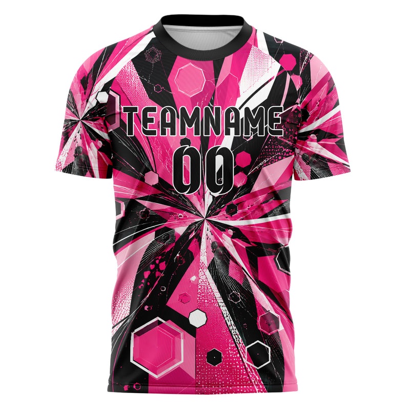 Hot Pink lebendiges abstrakte Linien Hexagons Curve Lines Design 12-0325 individuelles Fußballtrikot front