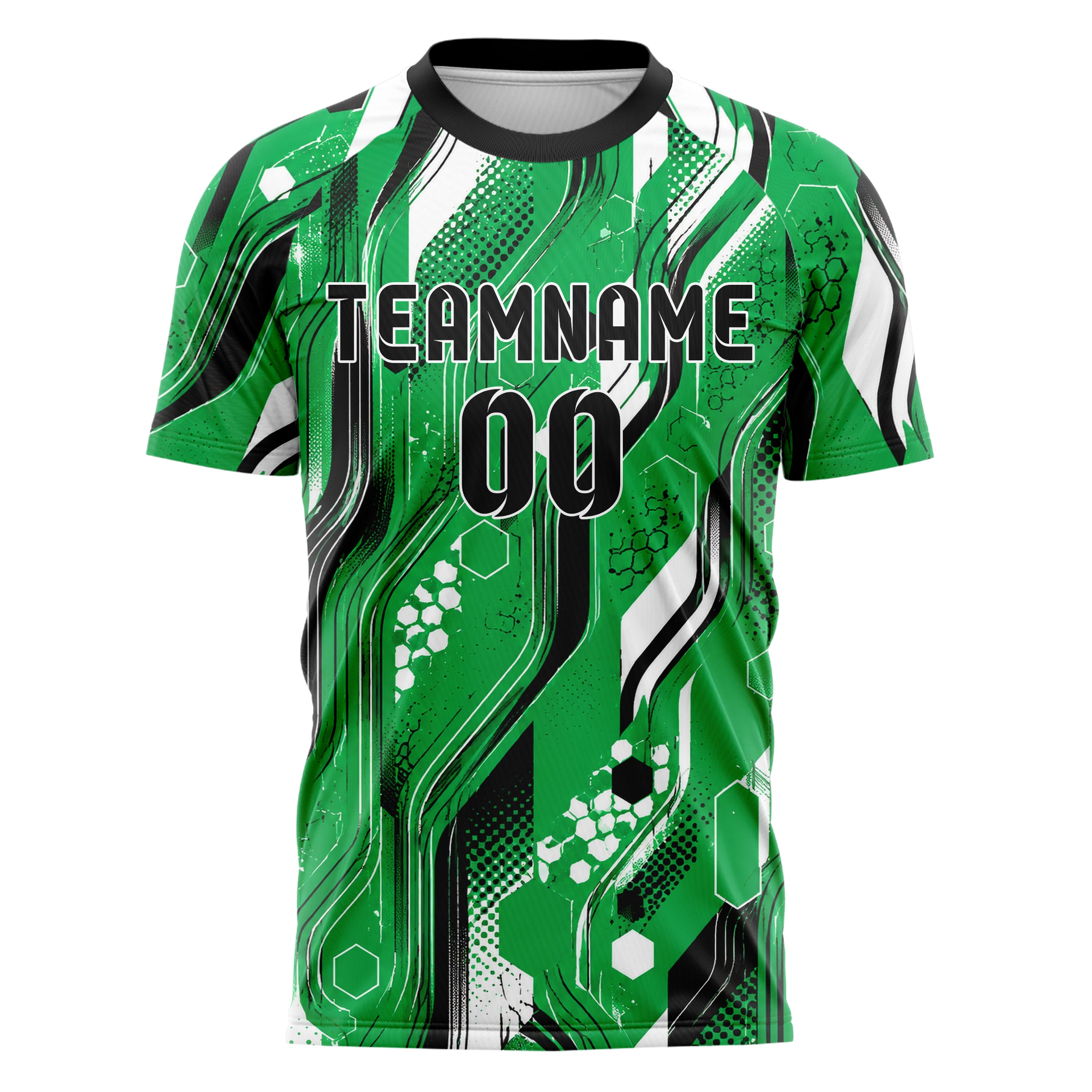 Kellygruen klassisches abstrakte Linien Hexagons Curve Lines Design 12-0445 individuelles Fußballtrikot front