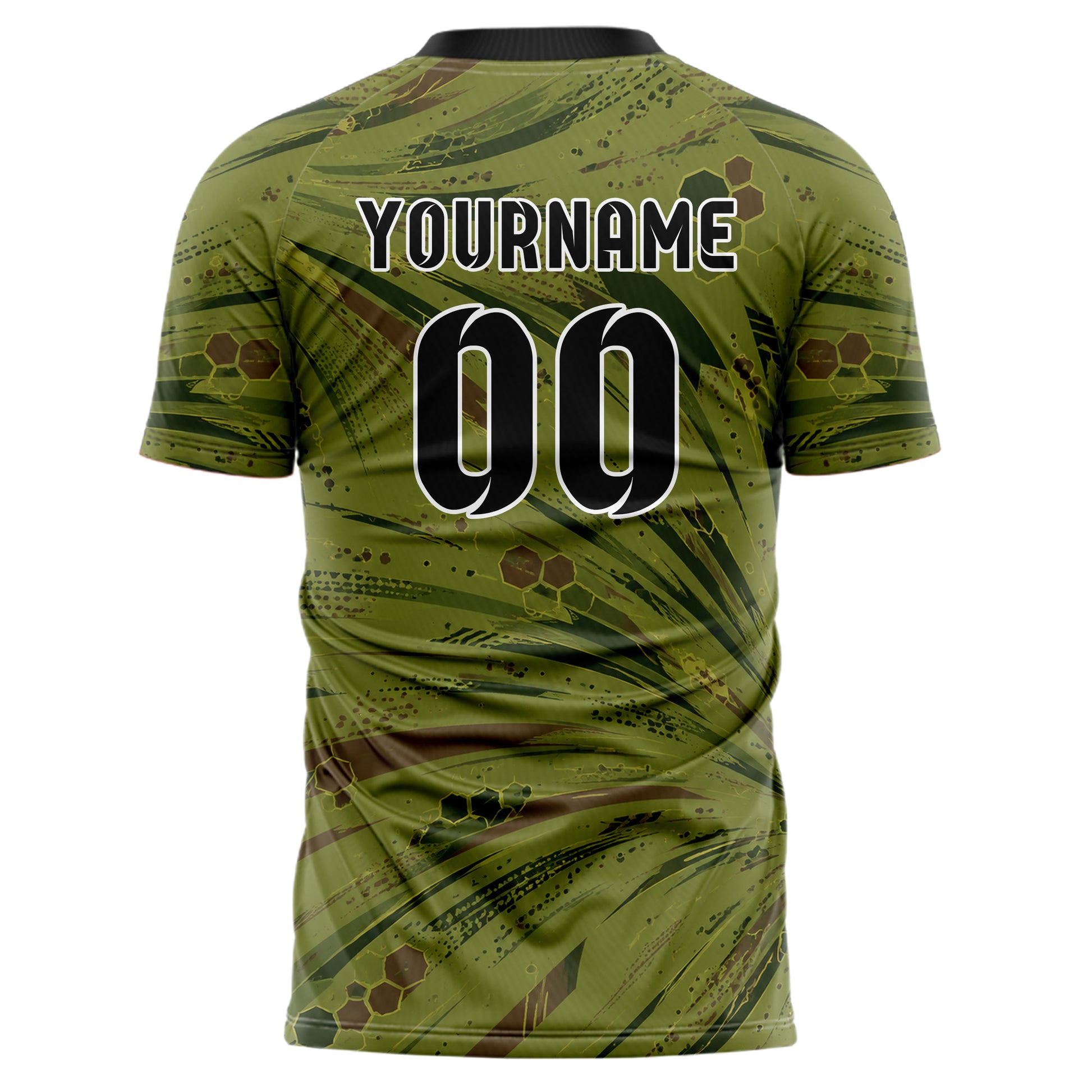 Olivgruen erdiges abstrakte Linien Hexagons Curve Lines Design 12-0077 individuelles Fußballtrikot back
