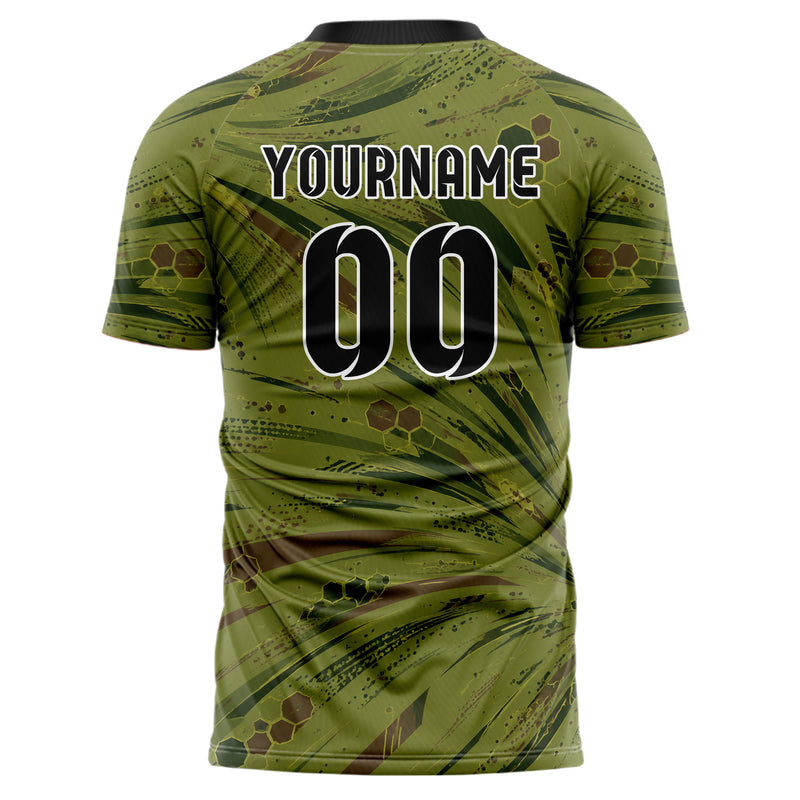 Olivgruen erdiges abstrakte Linien Hexagons Curve Lines Design 12-0077 individuelles Fußballtrikot back