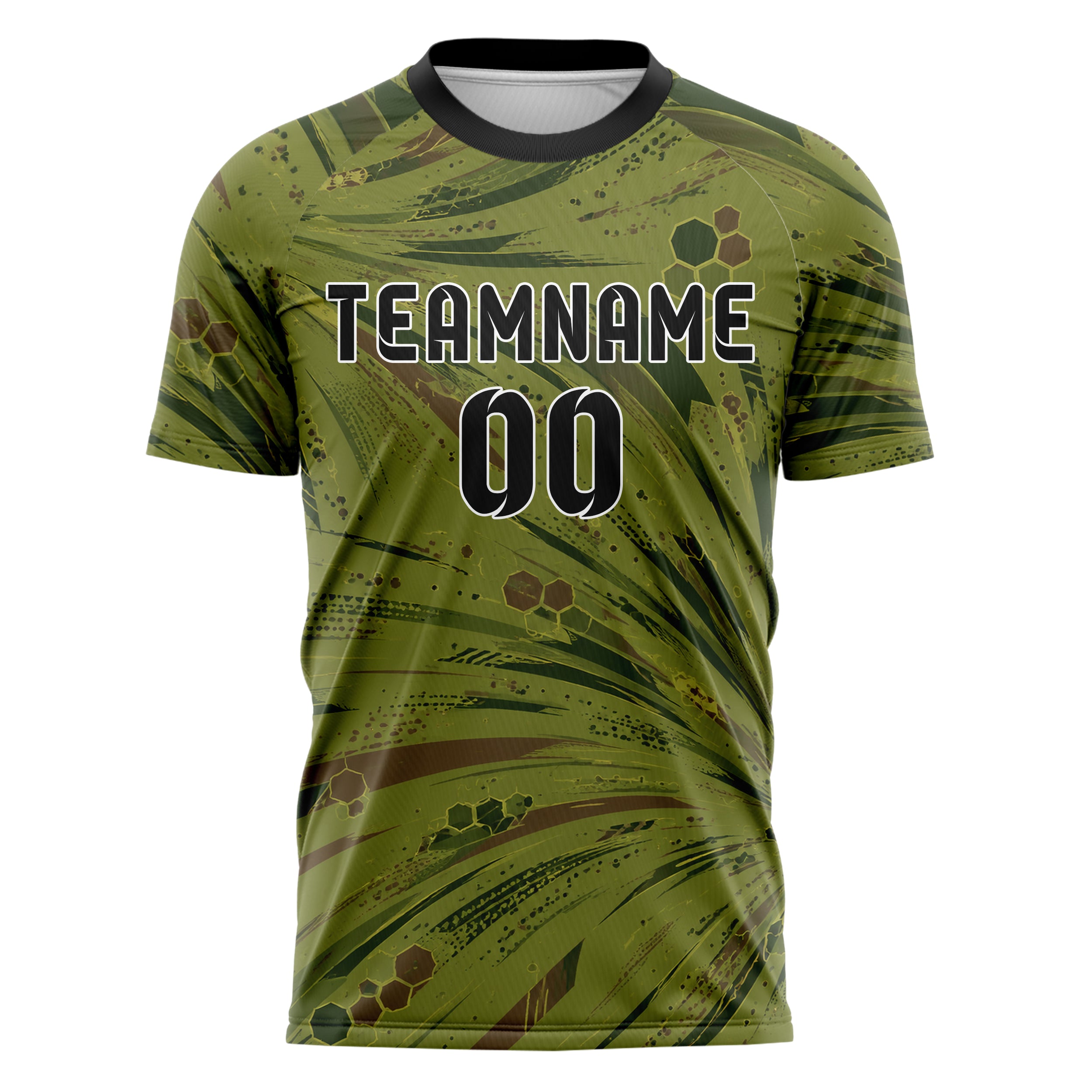 Olivgruen erdiges abstrakte Linien Hexagons Curve Lines Design 12-0077 individuelles Fußballtrikot front