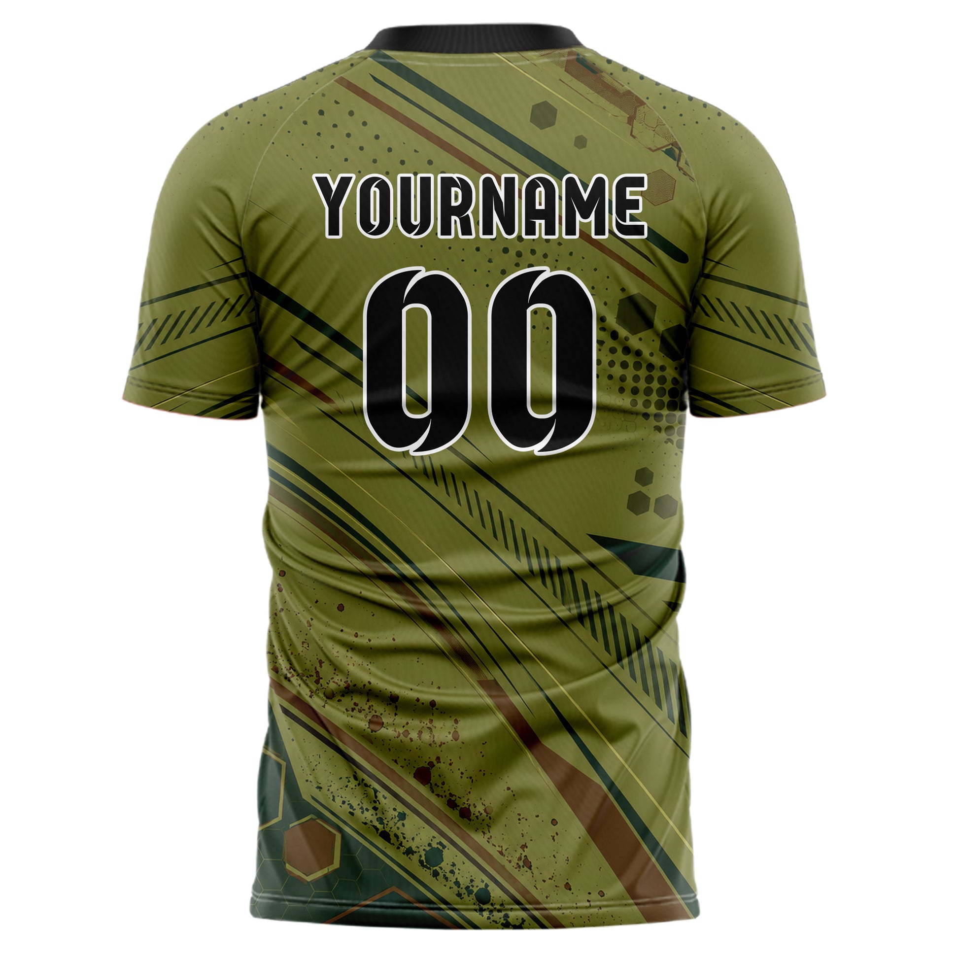 Olivgruen erdiges abstrakte Linien Hexagons Curve Lines Design 12-0101 individuelles Fußballtrikot back