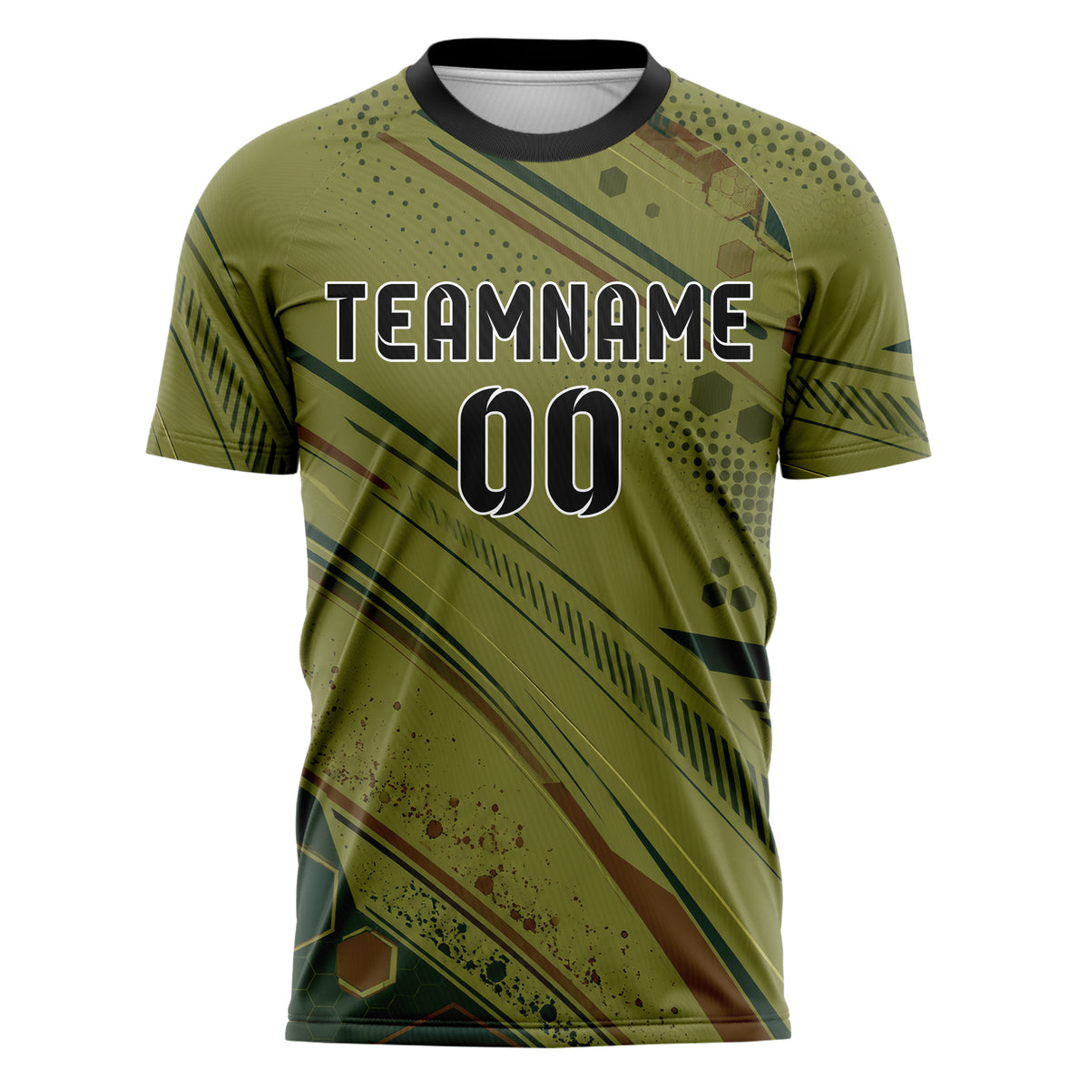 Olivgruen erdiges abstrakte Linien Hexagons Curve Lines Design 12-0101 individuelles Fußballtrikot front