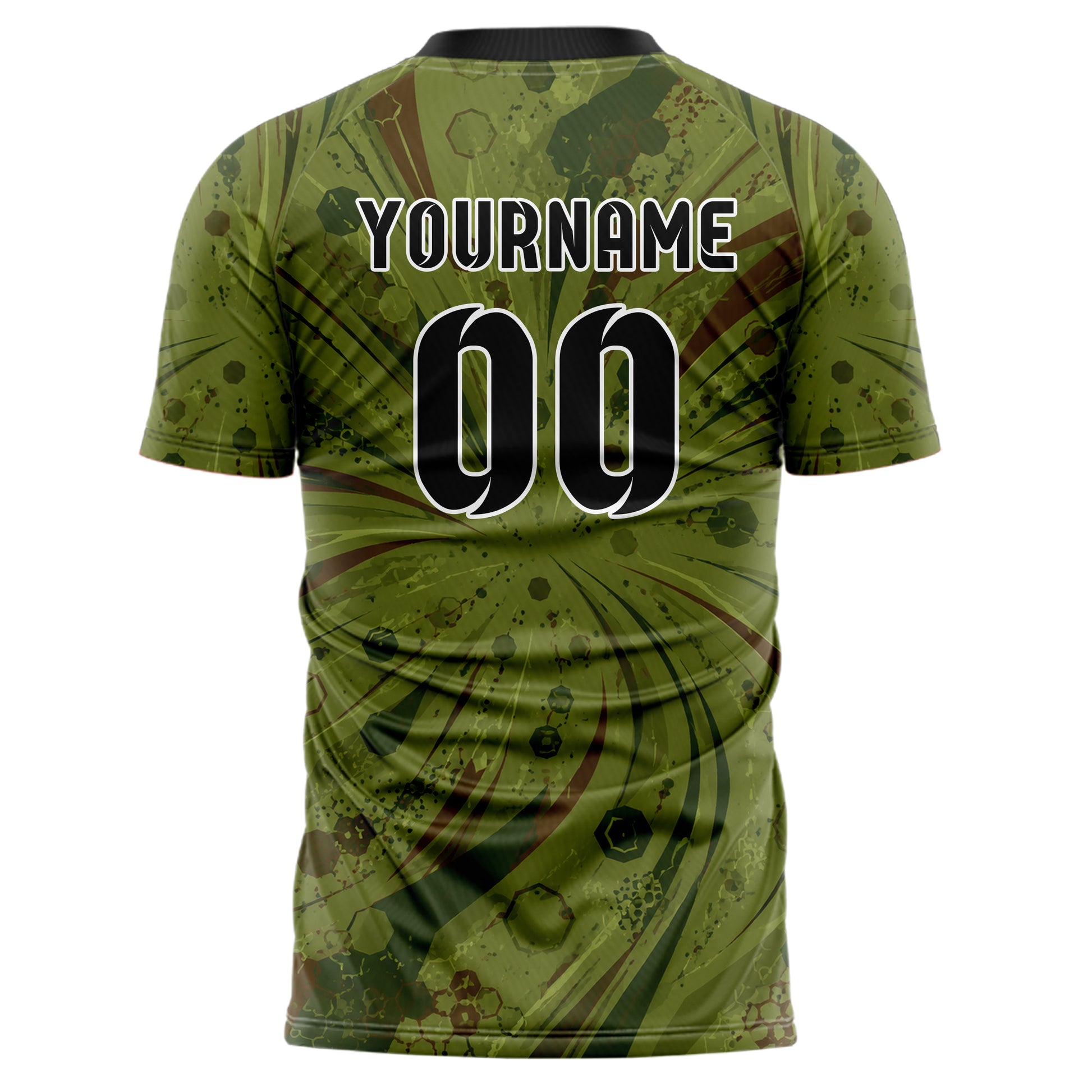Olivgruen erdiges abstrakte Linien Hexagons Curve Lines Design 12-0365 individuelles Fußballtrikot back