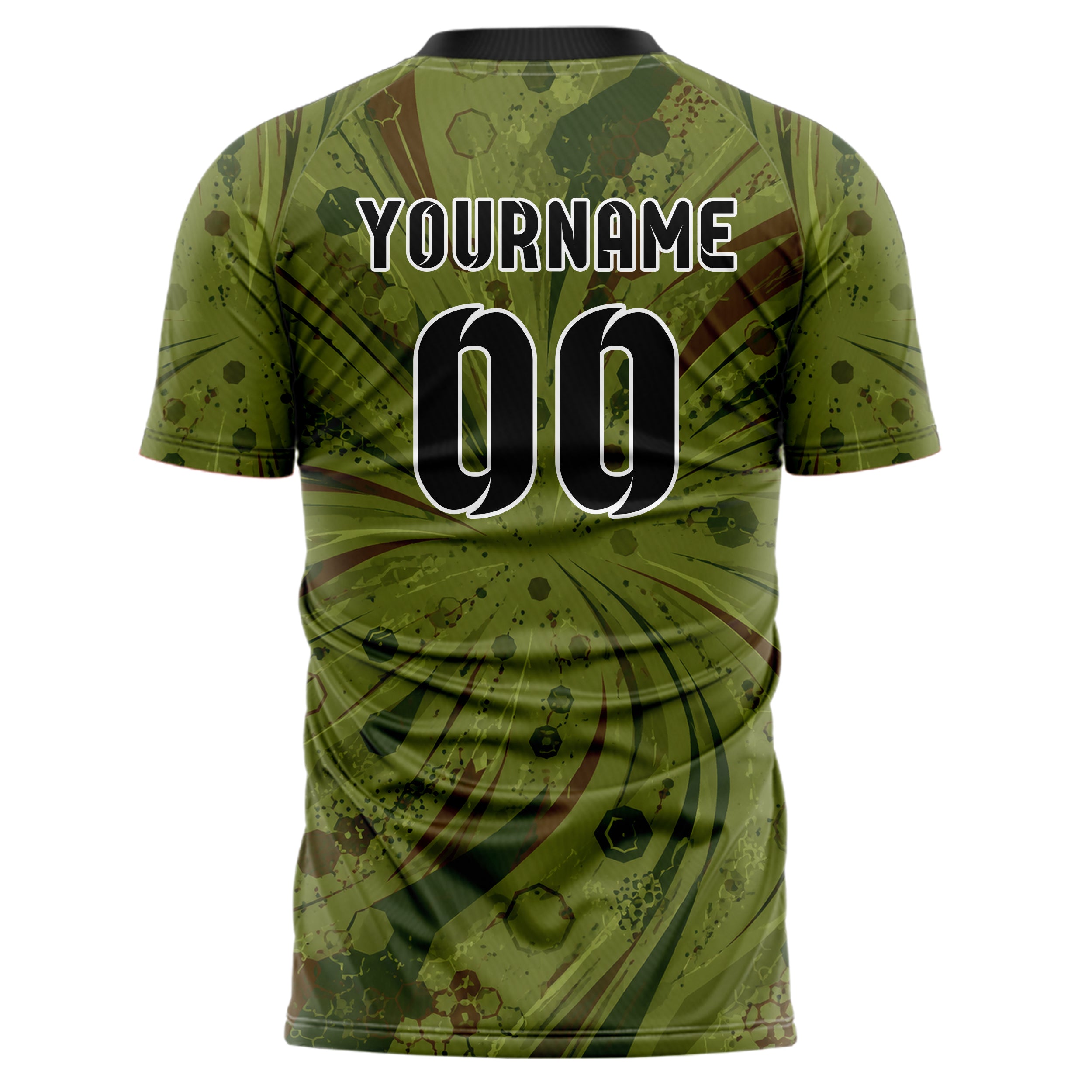 Olivgruen erdiges abstrakte Linien Hexagons Curve Lines Design 12-0365 individuelles Fußballtrikot back