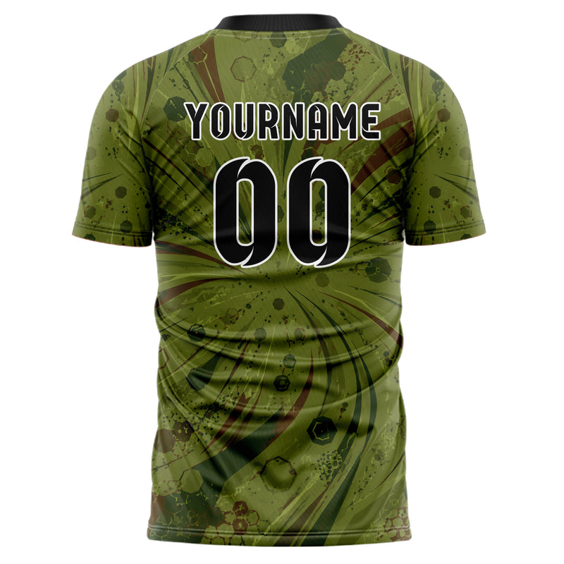 Olivgruen erdiges abstrakte Linien Hexagons Curve Lines Design 12-0365 individuelles Fußballtrikot back