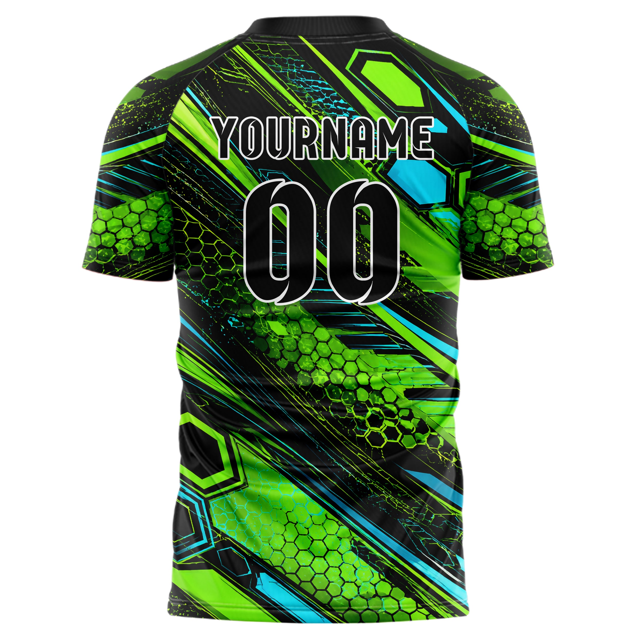 Neongruen lebendiges abstrakte Linien Hexagons Curve Lines Design 12-0117 individuelles Fußballtrikot back
