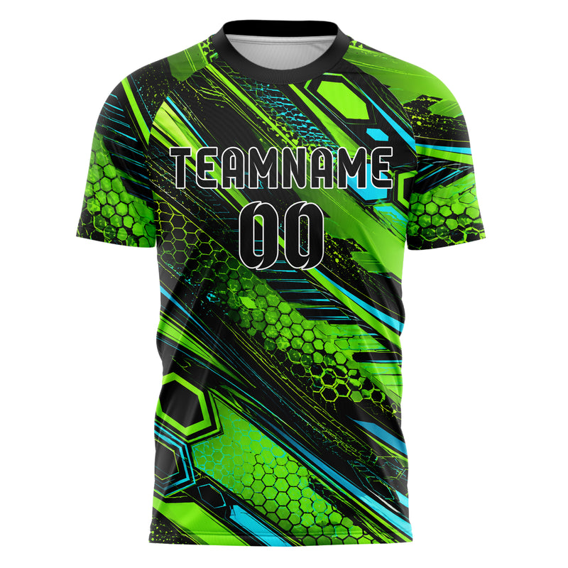 Neongruen lebendiges abstrakte Linien Hexagons Curve Lines Design 12-0117 individuelles Fußballtrikot front