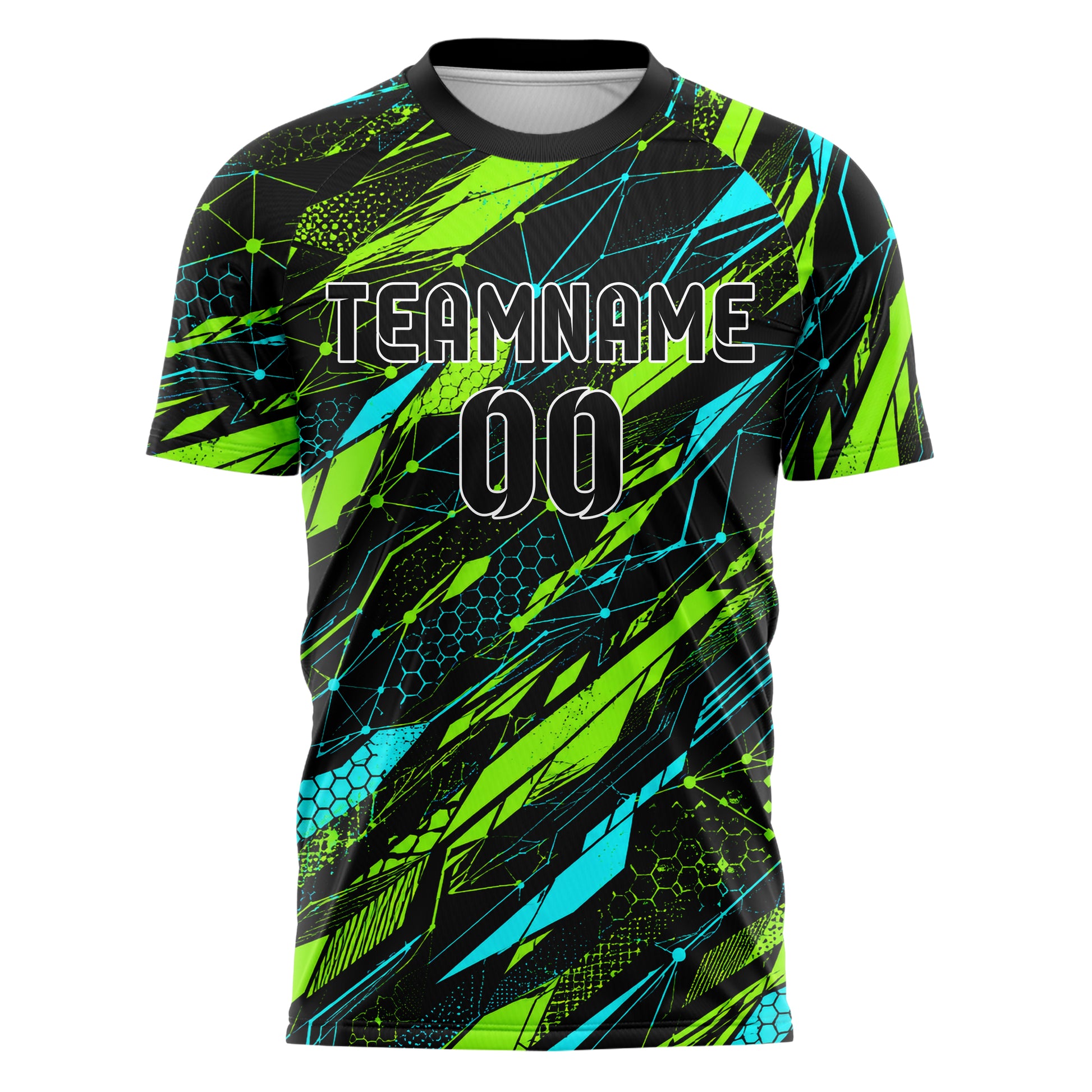 Neongruen lebendiges abstrakte Linien Network Web Design 12-0159 individuelles Fußballtrikot front