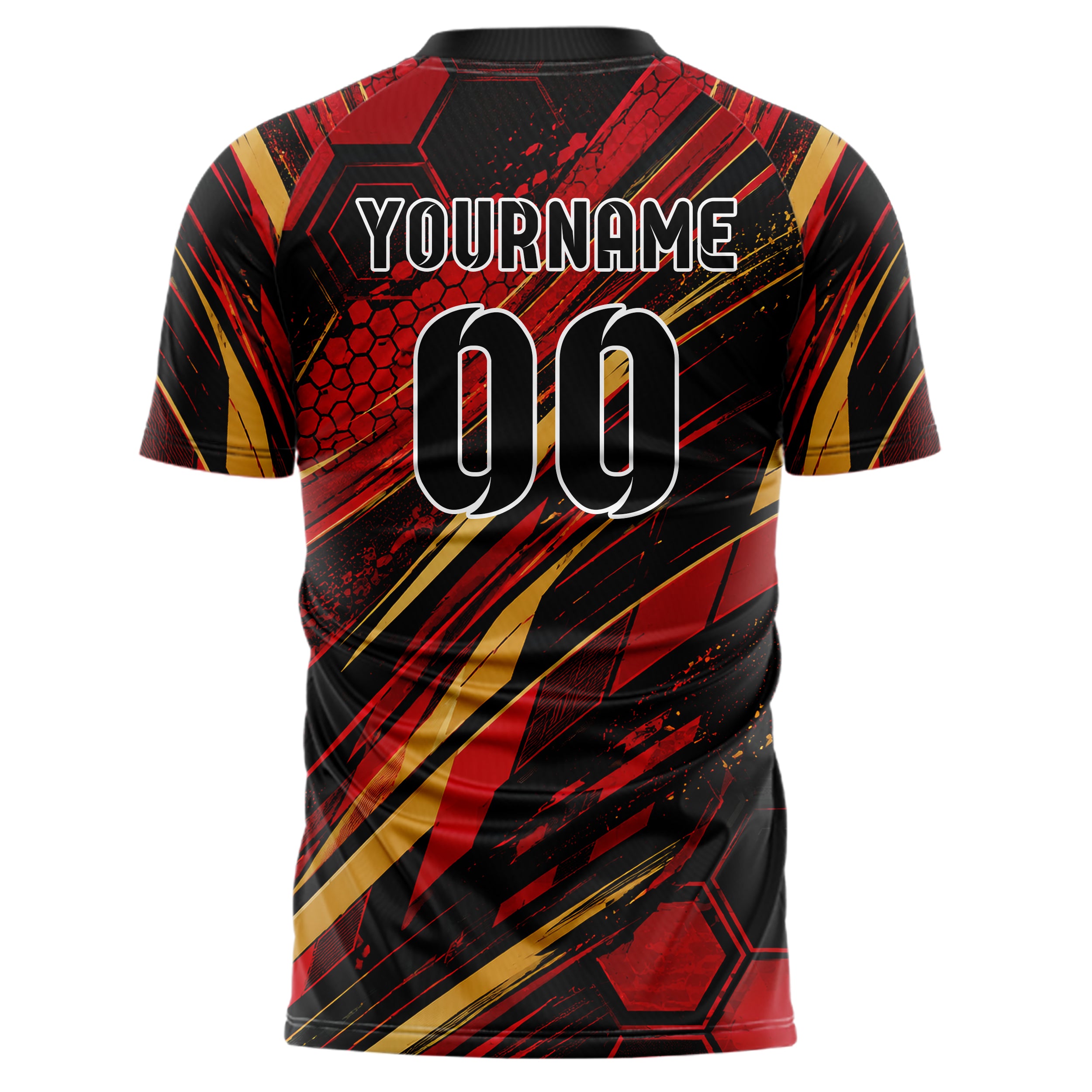 Karmesinrot dunkles abstrakte Linien Hexagons Curve Lines Design 12-0285 individuelles Fußballtrikot back