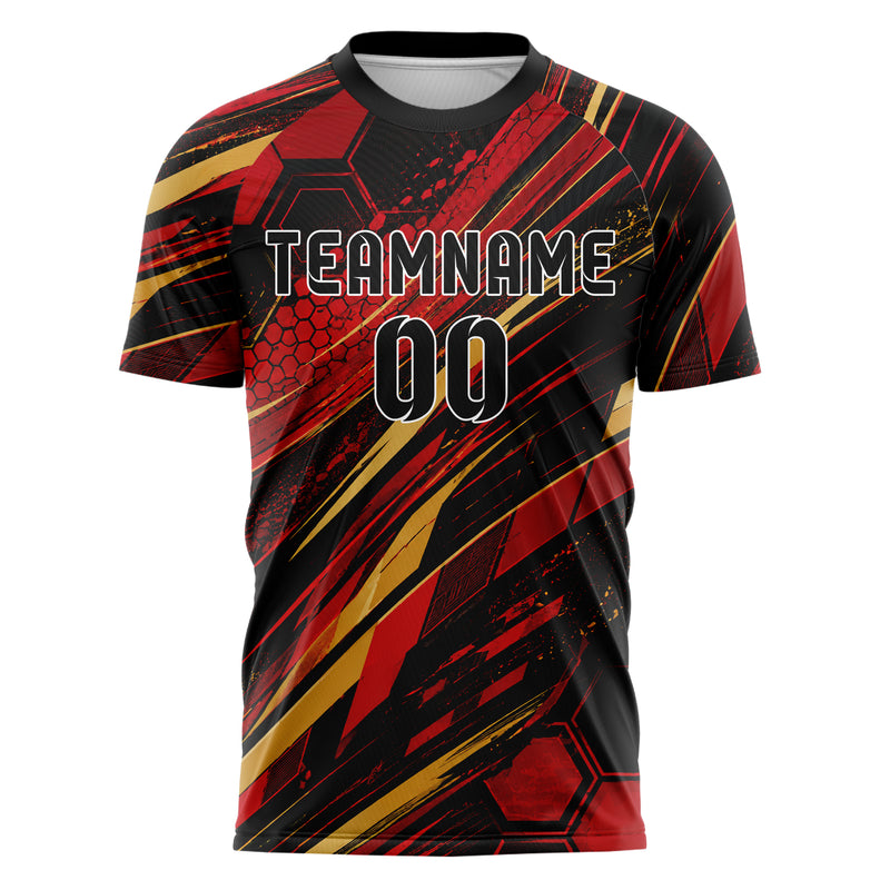 Karmesinrot dunkles abstrakte Linien Hexagons Curve Lines Design 12-0285 individuelles Fußballtrikot front