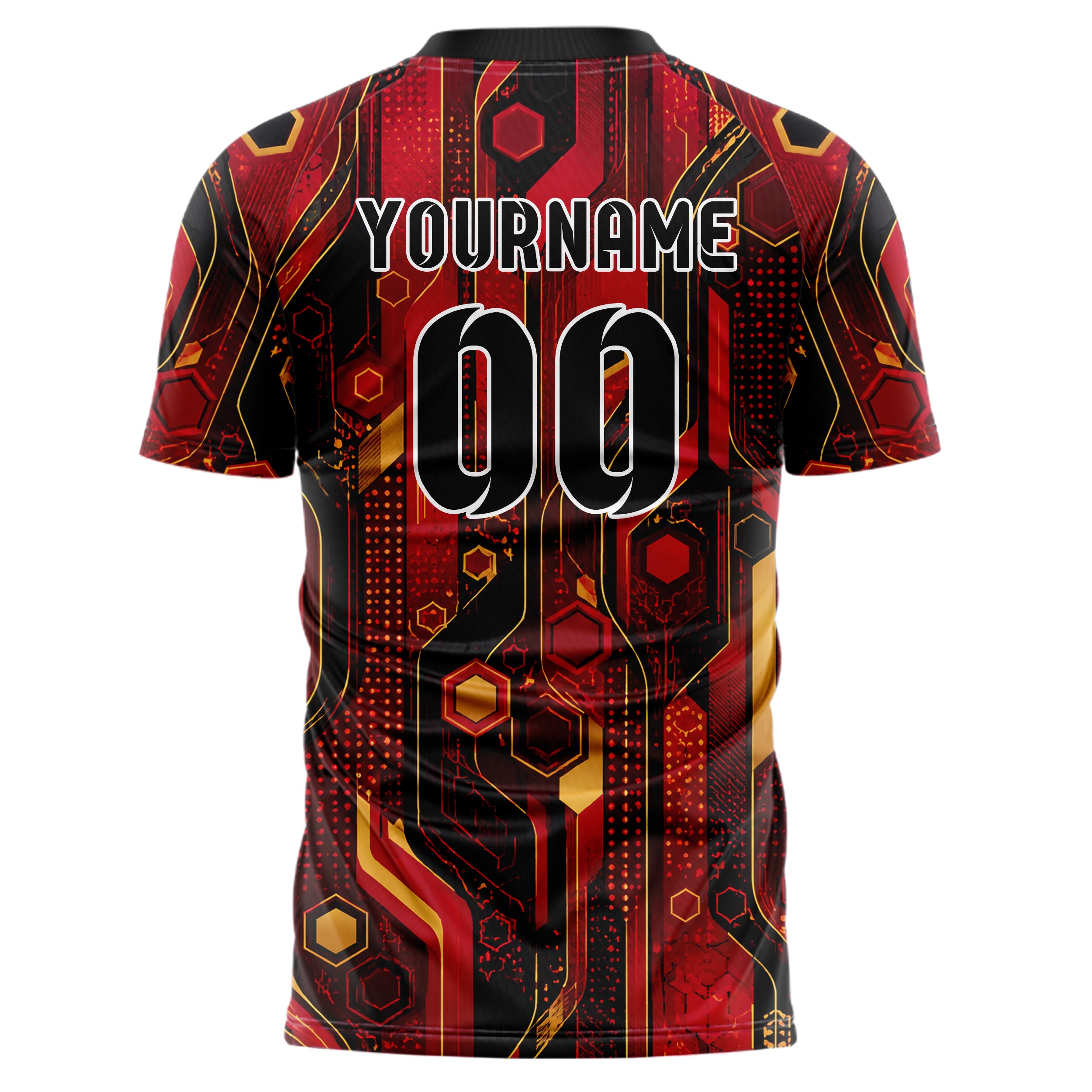 Karmesinrot dunkles abstrakte Linien Hexagons Curve Lines Design 12-0525 individuelles Fußballtrikot back