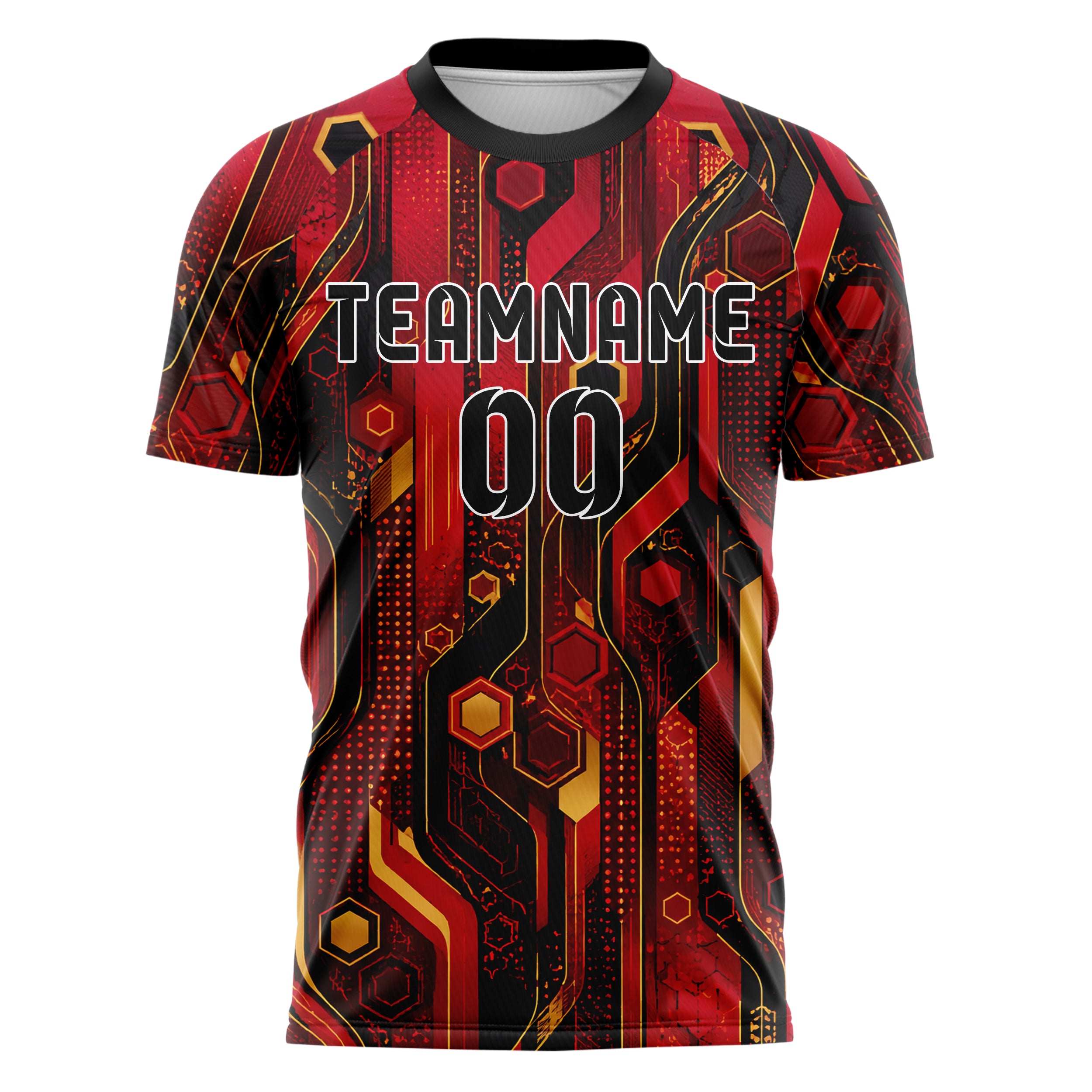 Karmesinrot dunkles abstrakte Linien Hexagons Curve Lines Design 12-0525 individuelles Fußballtrikot front
