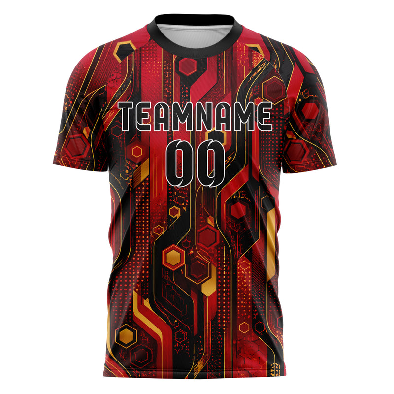 Karmesinrot dunkles abstrakte Linien Hexagons Curve Lines Design 12-0525 individuelles Fußballtrikot front