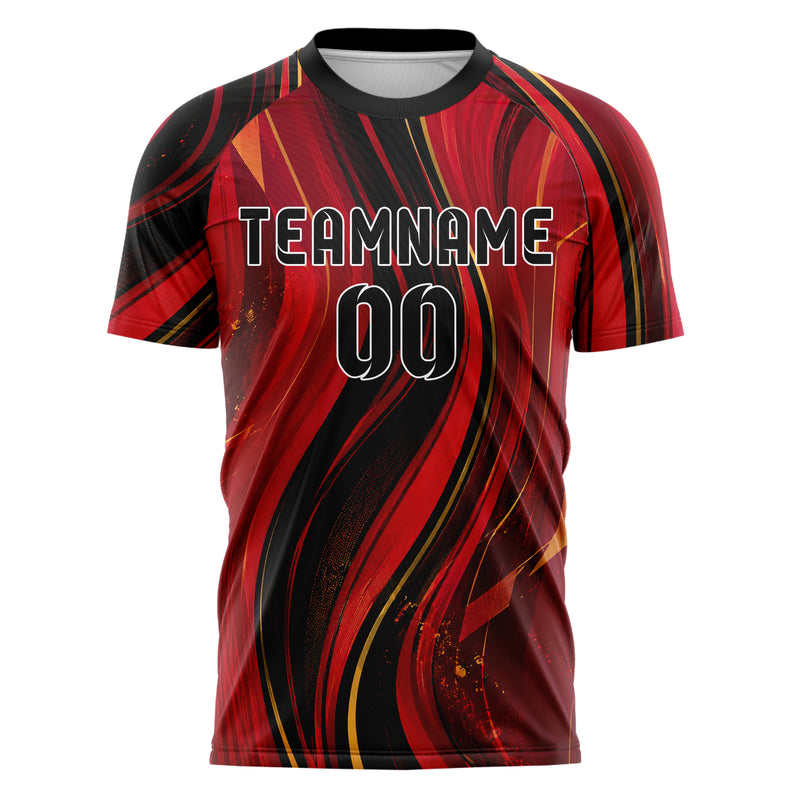 Karmesinrot dunkles abstrakte Linien wavy Parallel Curves Design 12-0414 individuelles Fußballtrikot front