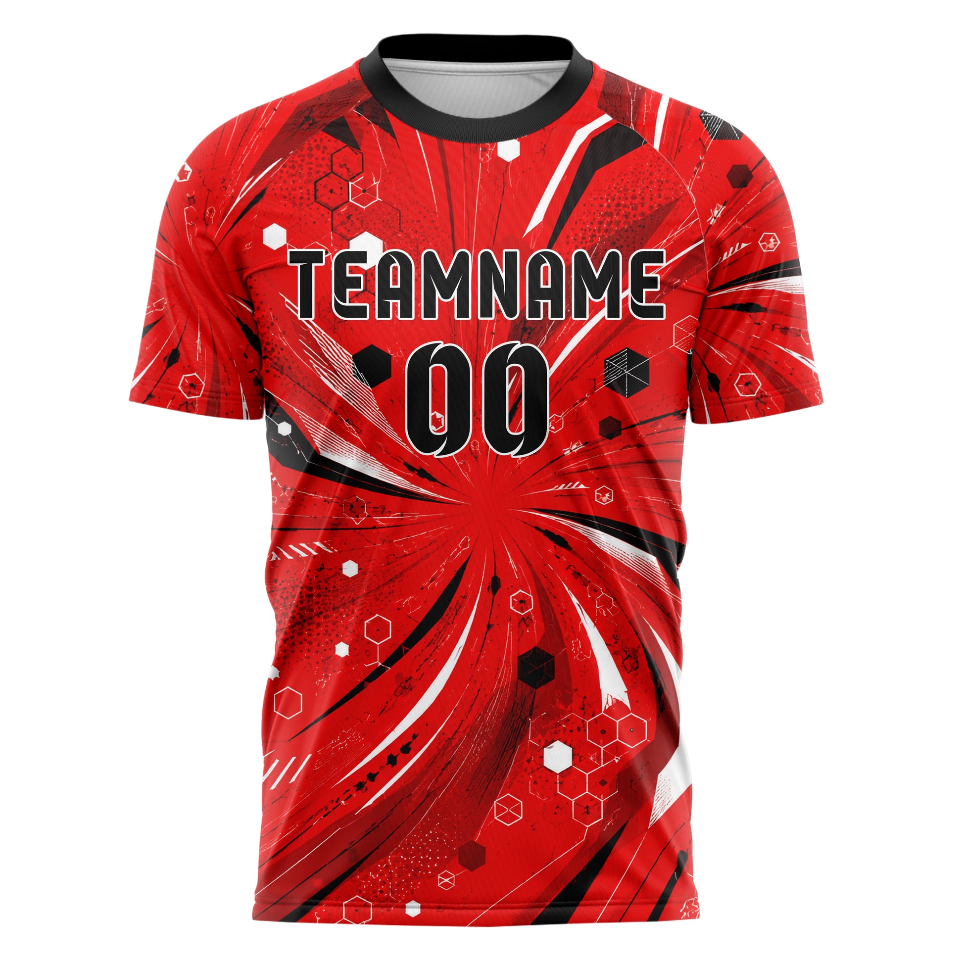 Rot lebendiges abstrakte Linien Hexagons Curve Lines Design 12-0437 individuelles Fußballtrikot front