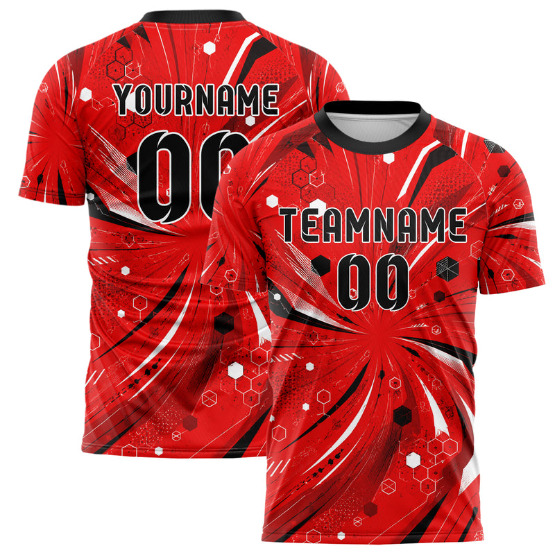 Rot lebendiges abstrakte Linien Hexagons Curve Lines Design 12-0437 individuelles Fußballtrikot main