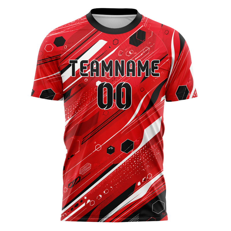Rot lebendiges abstrakte Linien Hexagons Curve Lines Design 12-0581 individuelles Fußballtrikot front