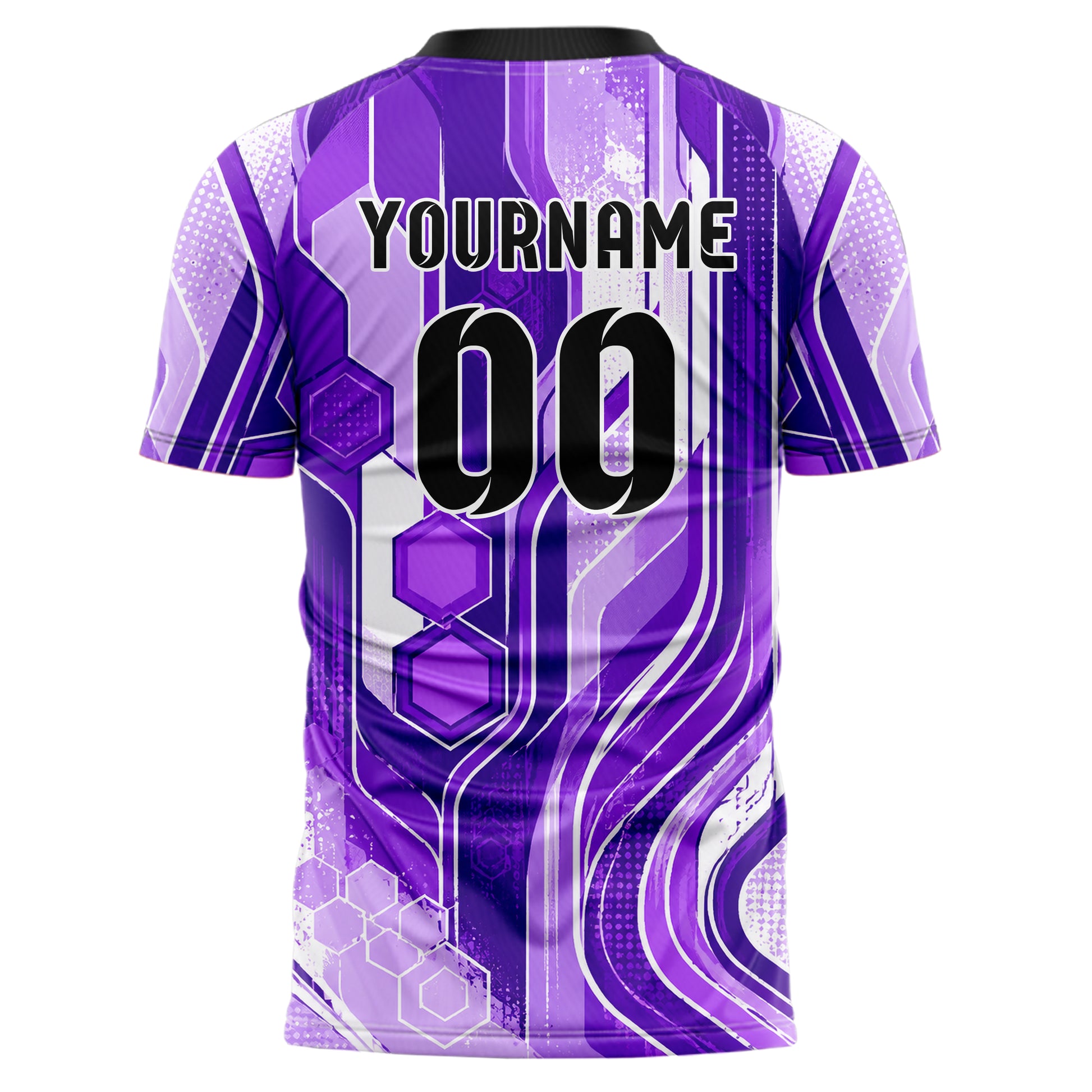 Lila lebendiges abstrakte Linien Hexagons Curve Lines Design 12-0349 individuelles Fußballtrikot back