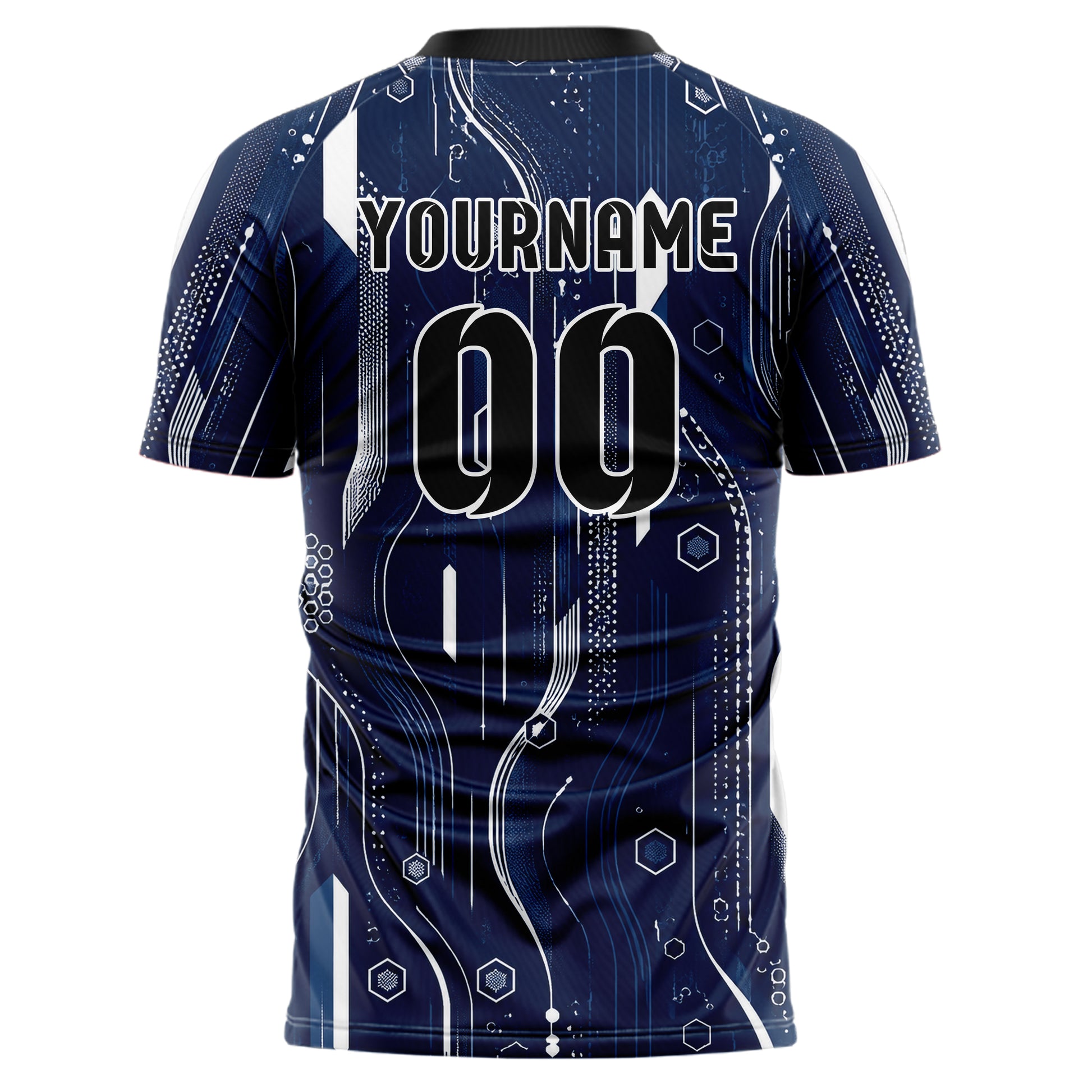 Marineblau klassisches abstrakte Linien Hexagons Curve Lines Design 12-0517 individuelles Fußballtrikot back