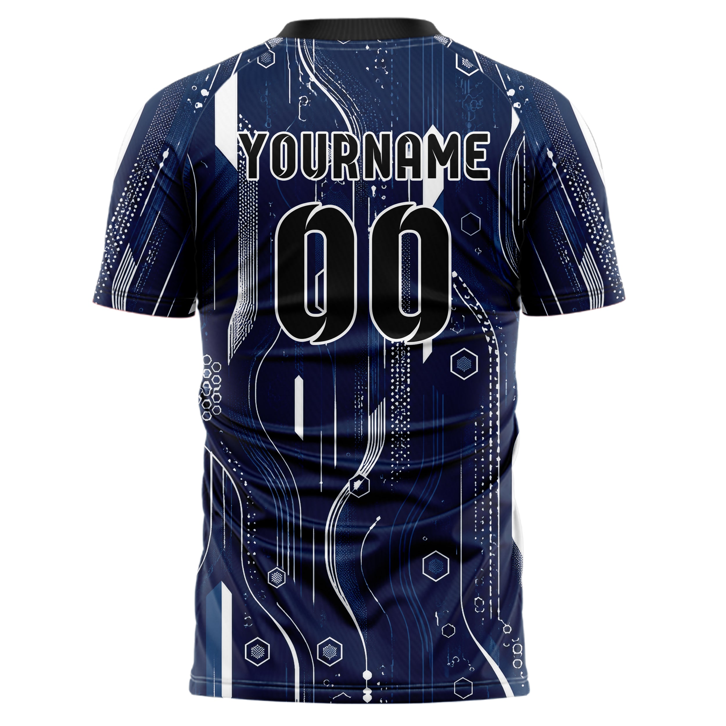 Marineblau klassisches abstrakte Linien Hexagons Curve Lines Design 12-0517 individuelles Fußballtrikot back