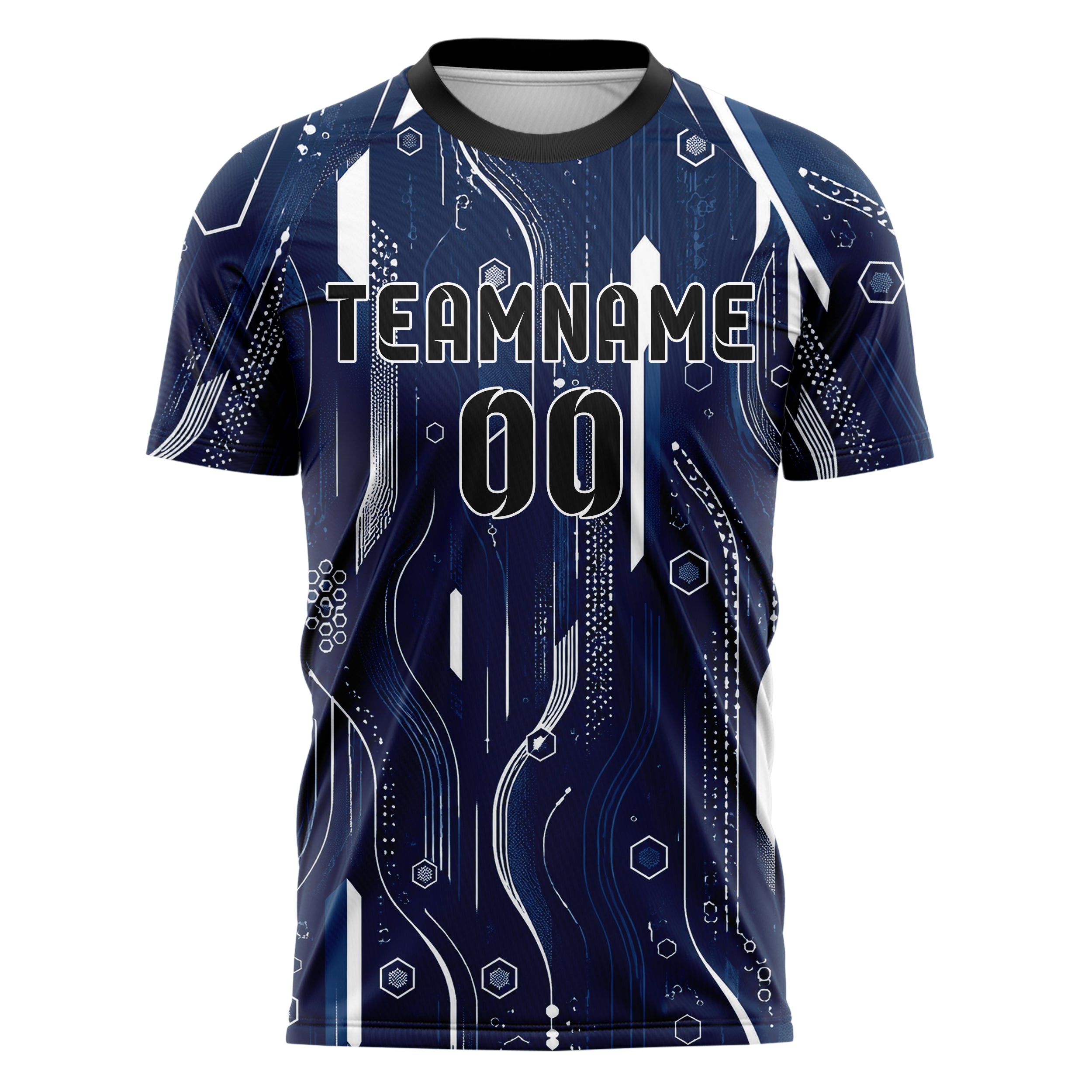 Marineblau klassisches abstrakte Linien Hexagons Curve Lines Design 12-0517 individuelles Fußballtrikot front