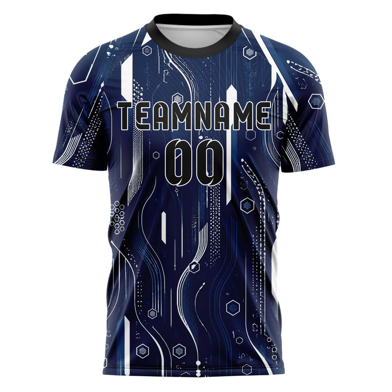 Marineblau klassisches abstrakte Linien Hexagons Curve Lines Design 12-0517 individuelles Fußballtrikot front