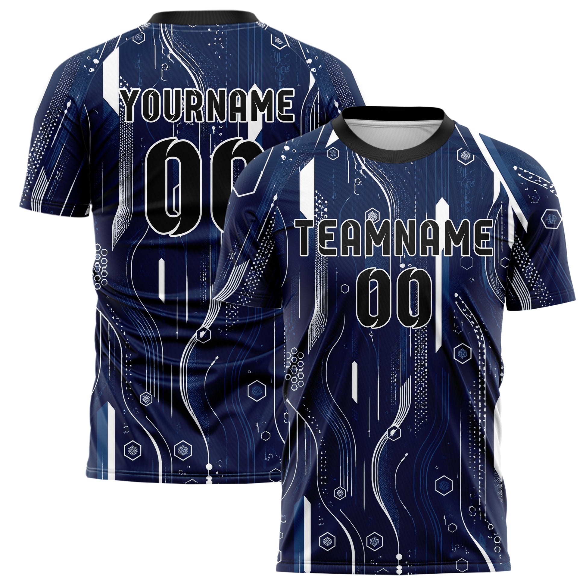 Marineblau klassisches abstrakte Linien Hexagons Curve Lines Design 12-0517 individuelles Fußballtrikot main
