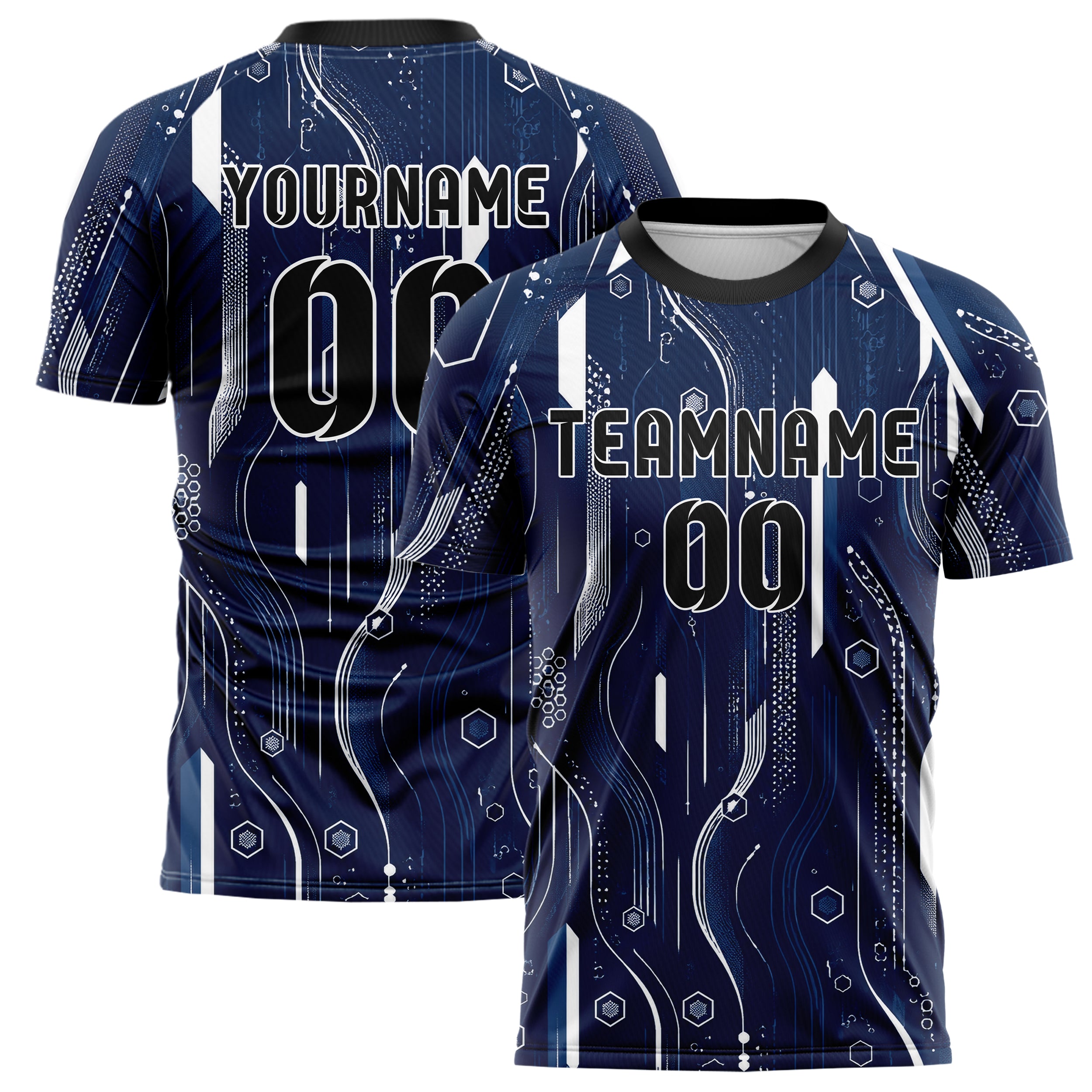 Marineblau klassisches abstrakte Linien Hexagons Curve Lines Design 12-0517 individuelles Fußballtrikot main