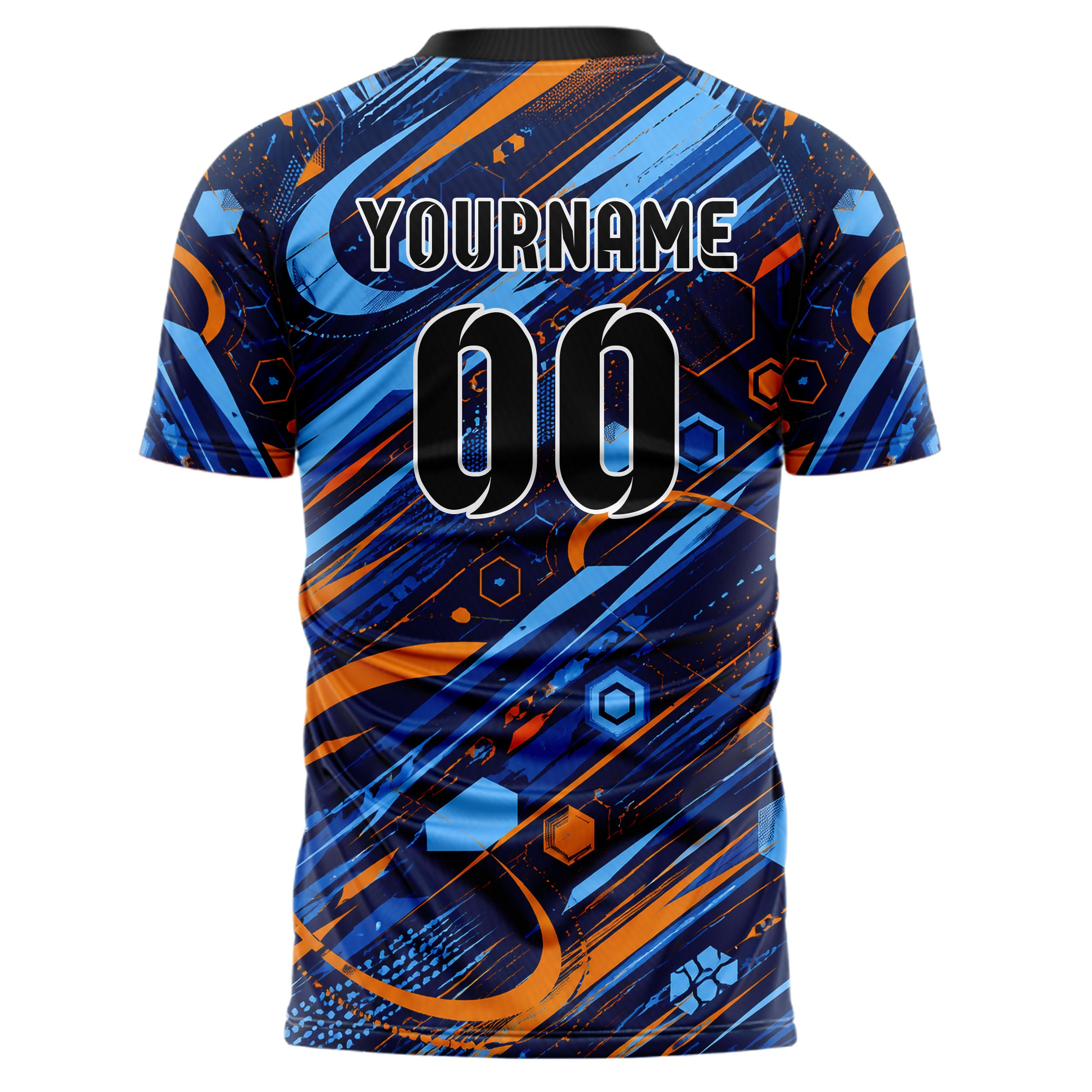 Marineblau lebendiges abstrakte Linien Hexagons Curve Lines Design 12-0045 individuelles Fußballtrikot back