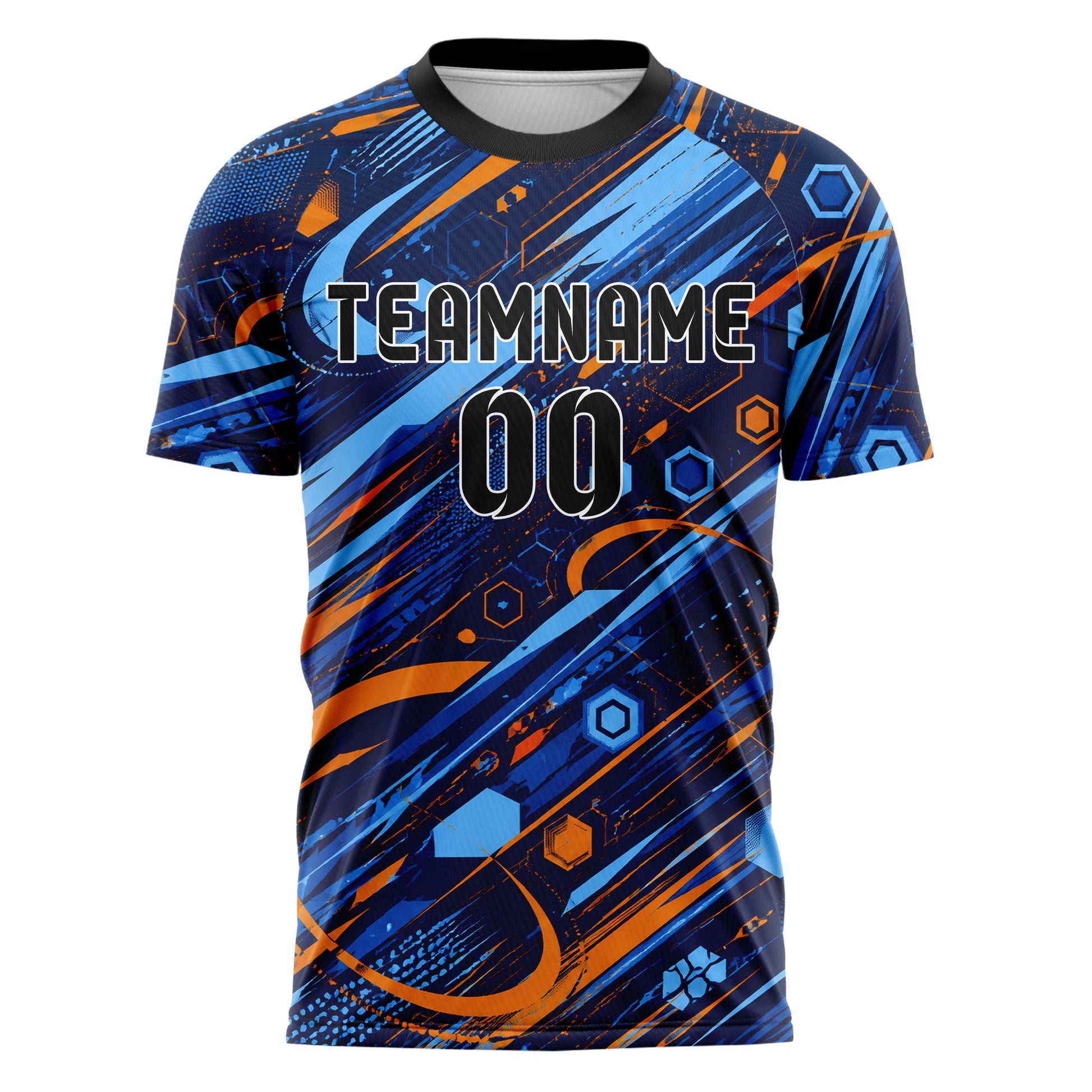 Marineblau lebendiges abstrakte Linien Hexagons Curve Lines Design 12-0045 individuelles Fußballtrikot front