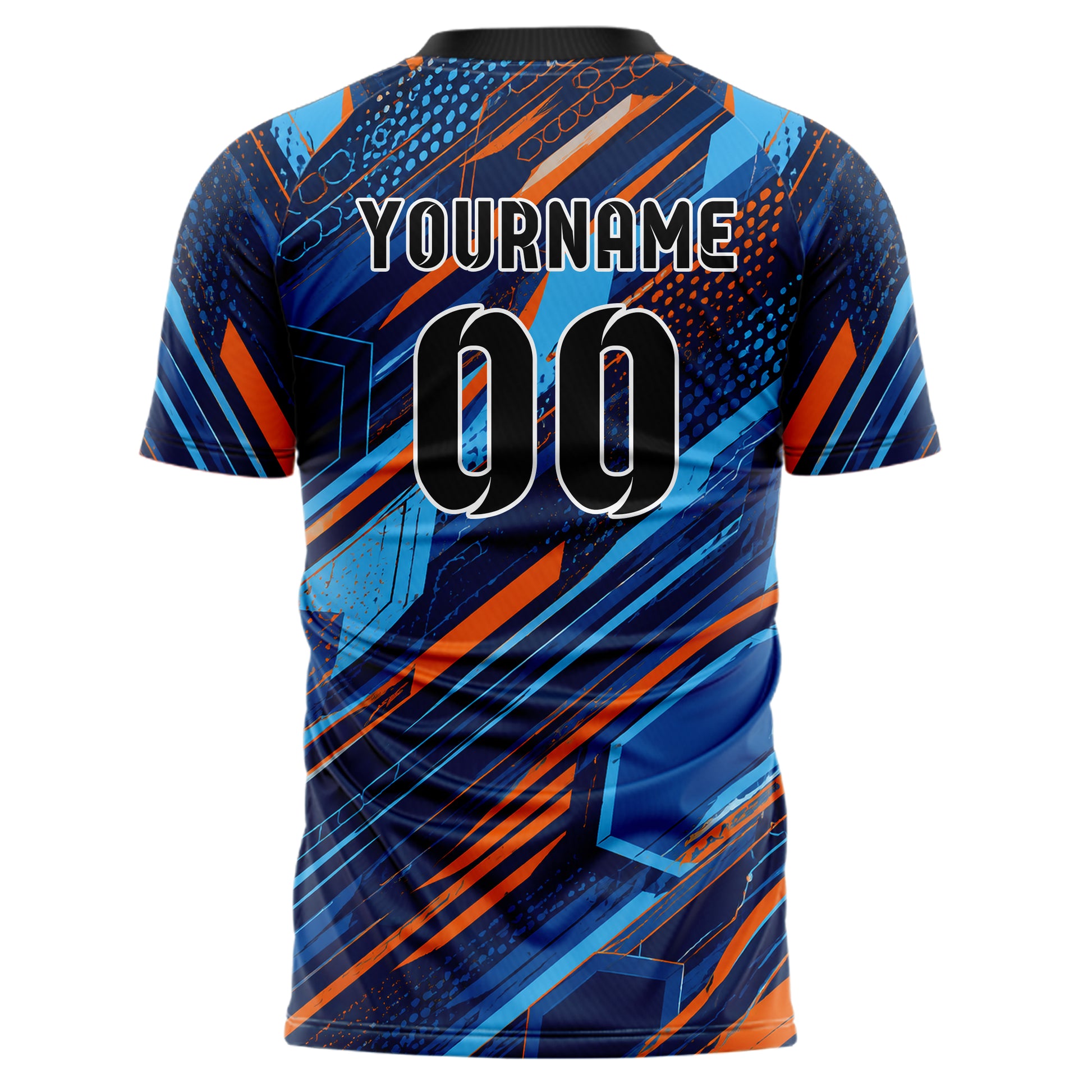 Marineblau lebendiges abstrakte Linien Hexagons Curve Lines Design 12-0573 individuelles Fußballtrikot back