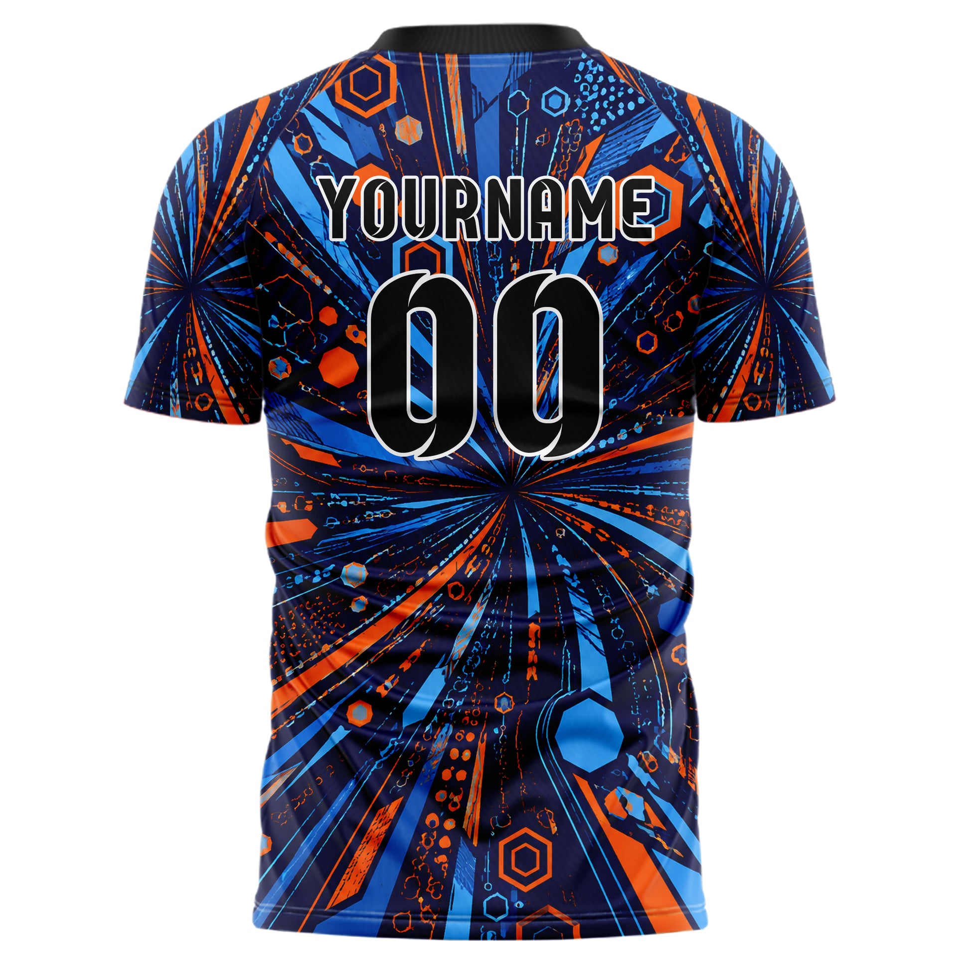 Marineblau lebendiges abstrakte Linien Hexagons Curve Lines Design 12-0597 individuelles Fußballtrikot back
