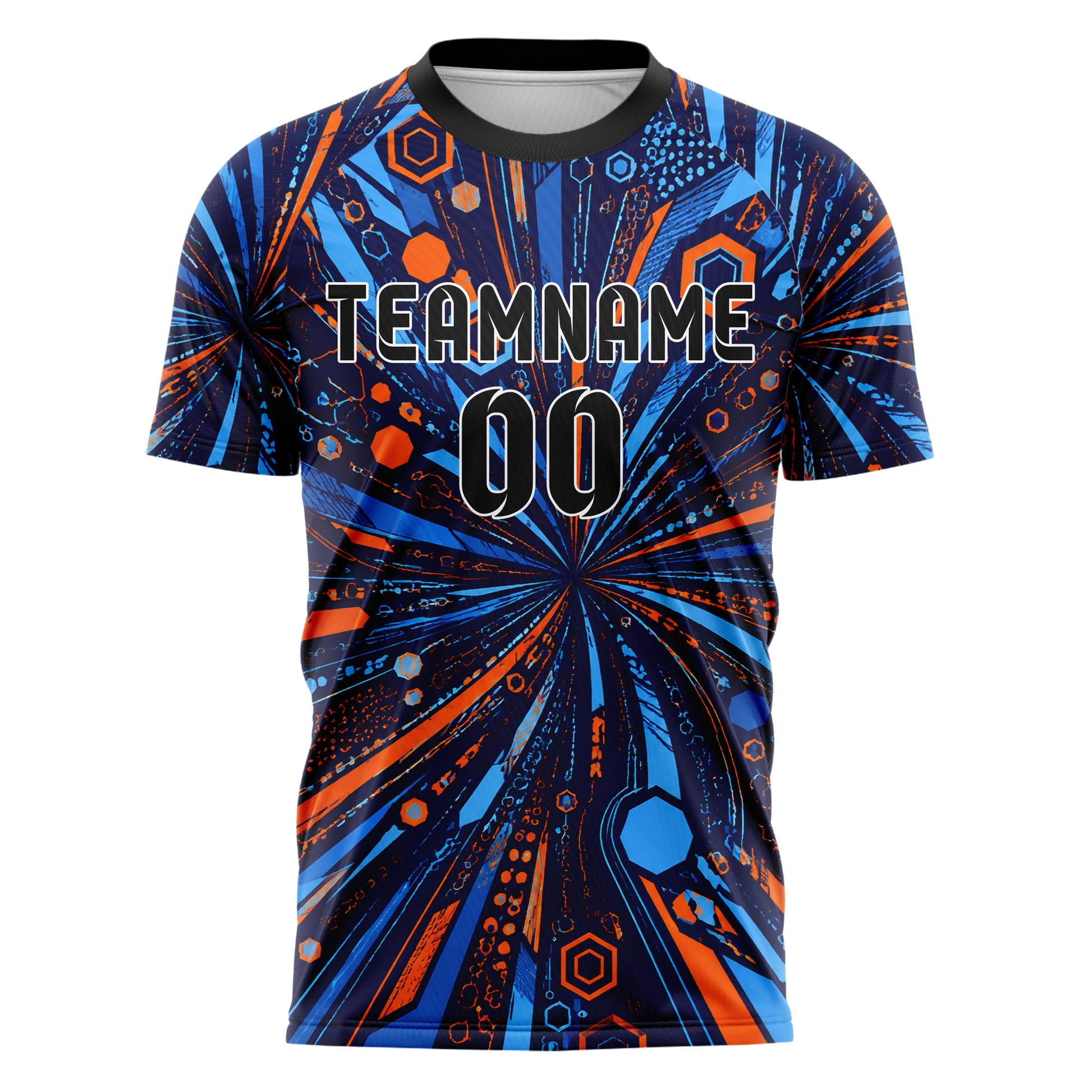 Marineblau lebendiges abstrakte Linien Hexagons Curve Lines Design 12-0597 individuelles Fußballtrikot front