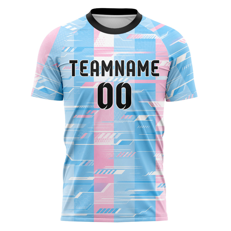 Himmelblau pastelliges Streifen vertikale Baender Design 13-0008 individuelles Fußballtrikot front