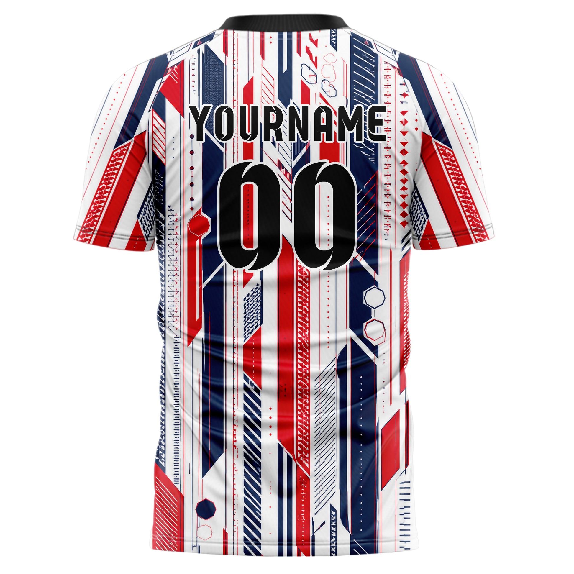 Weiss klassisches Streifen Streifen mit Polygon Akzenten Design 13-0017 individuelles Fußballtrikot back