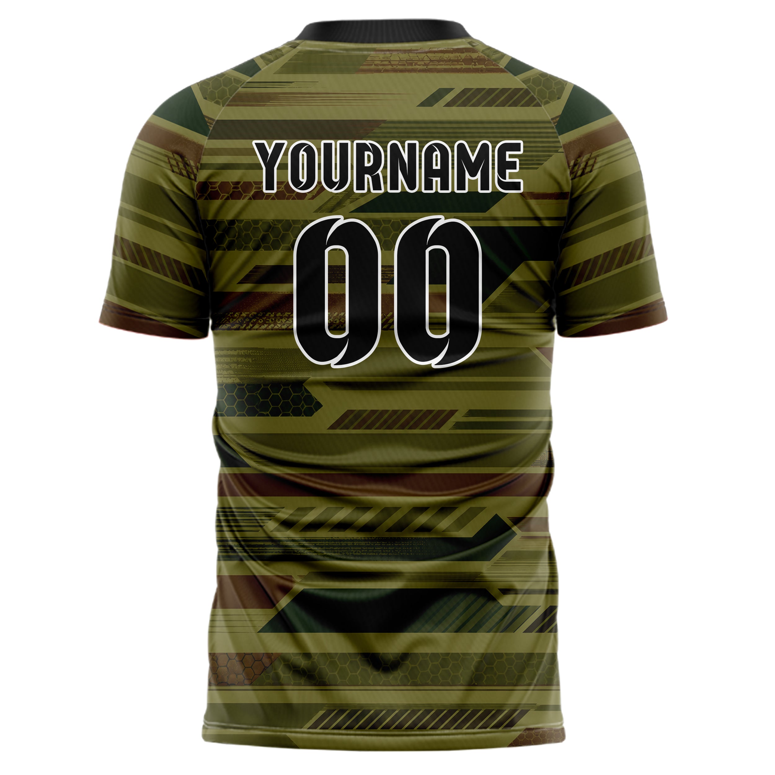 Olivgruen erdiges Streifen Streifen mit Polygon Akzenten Design 13-0029 individuelles Fußballtrikot back