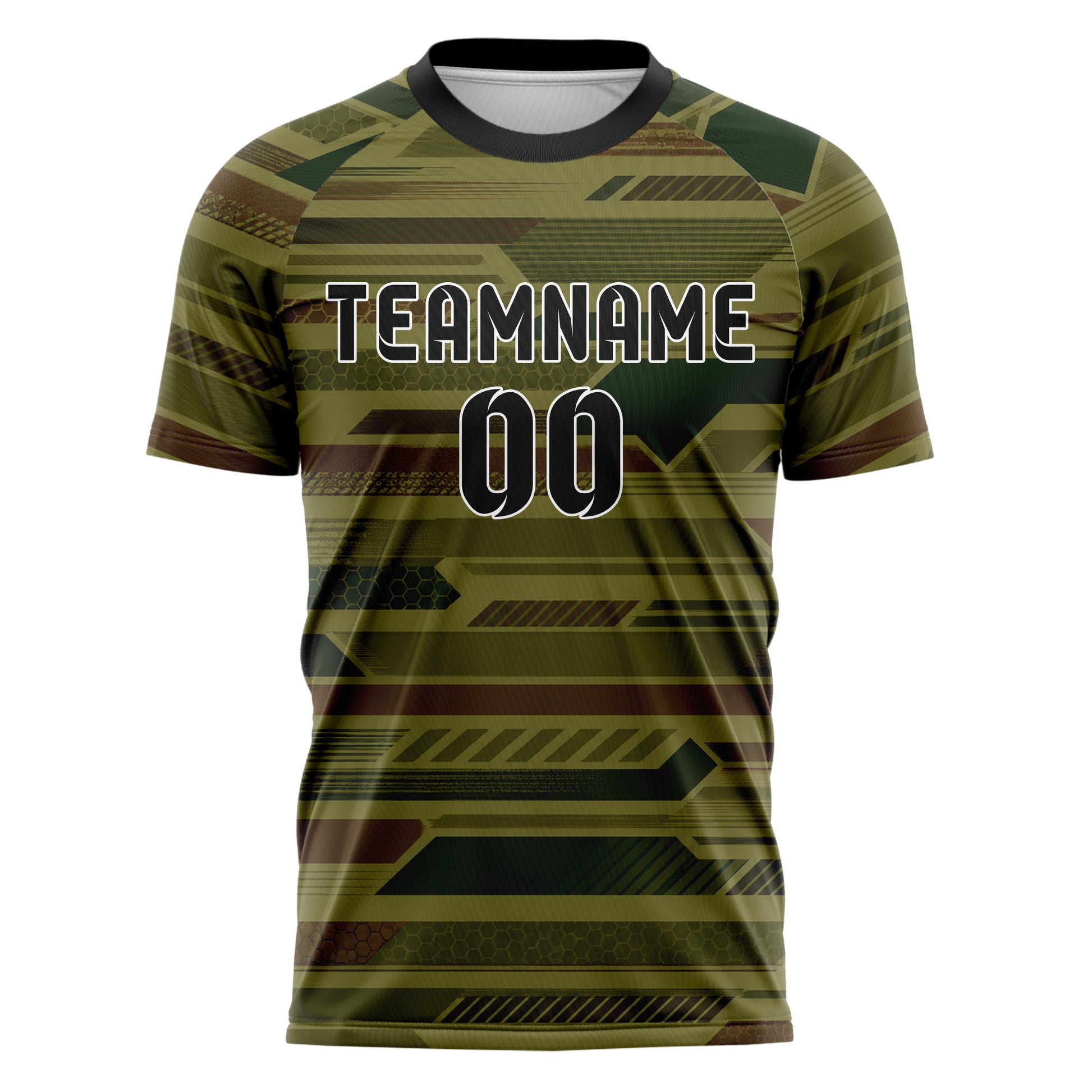 Olivgruen erdiges Streifen Streifen mit Polygon Akzenten Design 13-0029 individuelles Fußballtrikot front