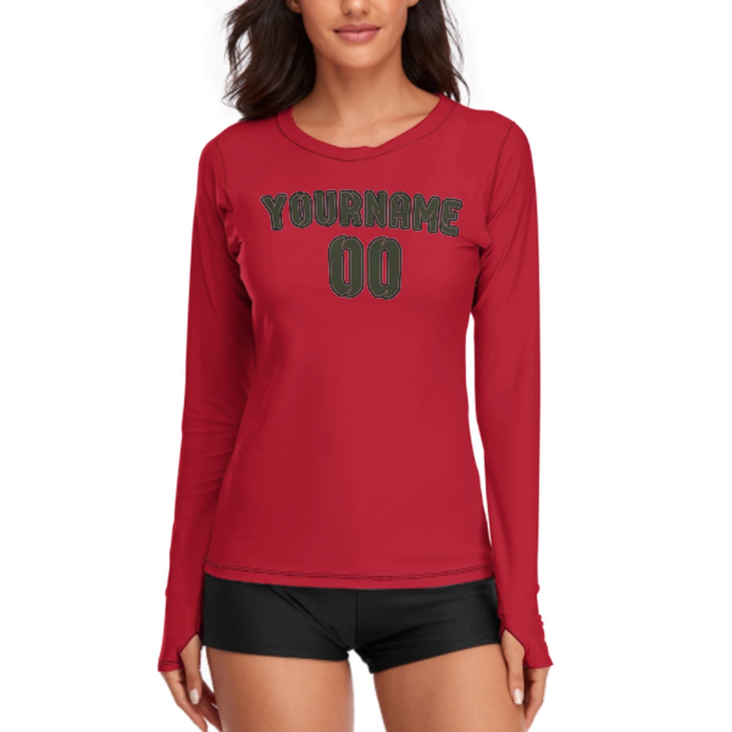 Maßgeschneidertes Rot Dunkles Oliv Damen Langarmshirt