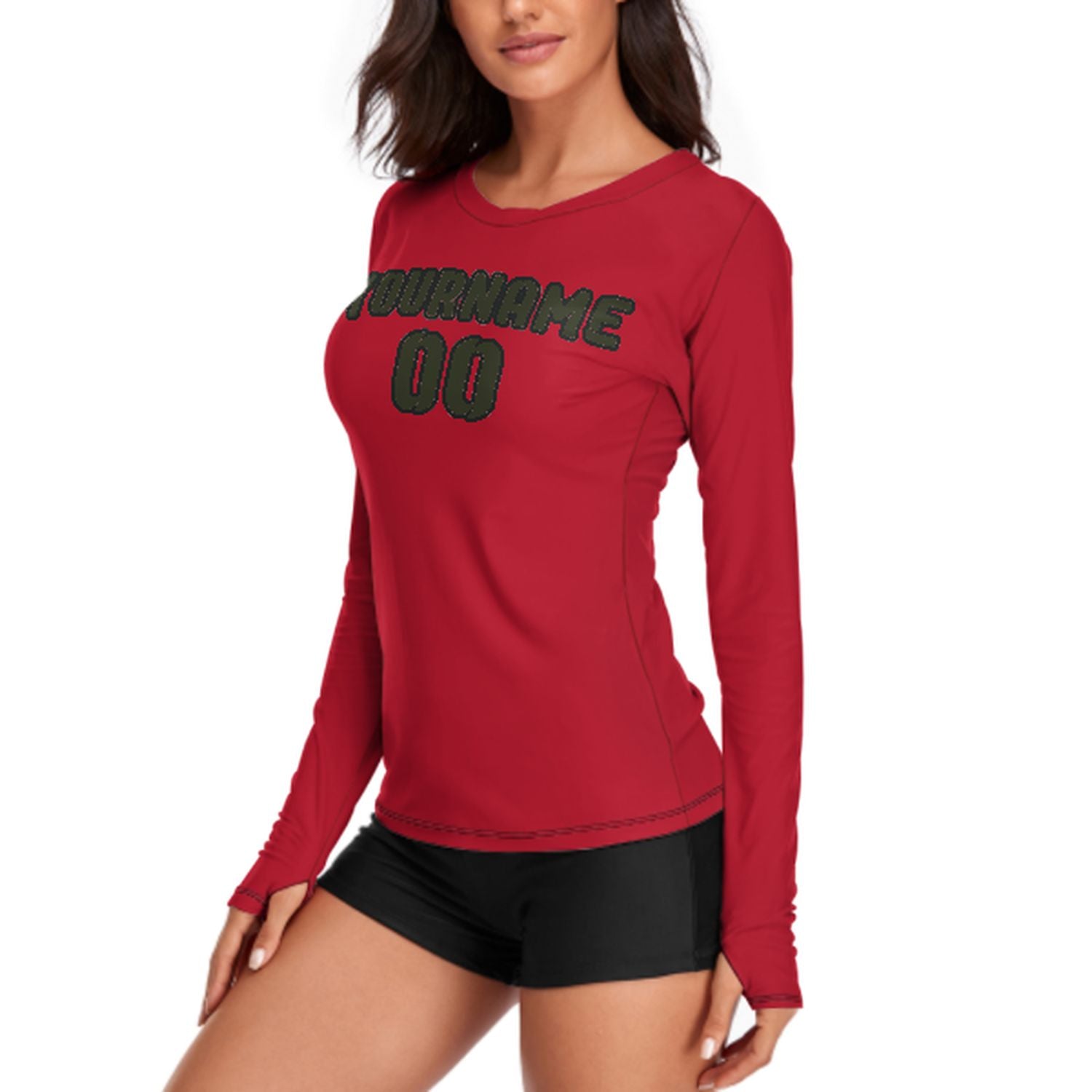 Maßgeschneidertes Rot Dunkles Oliv Damen Langarmshirt